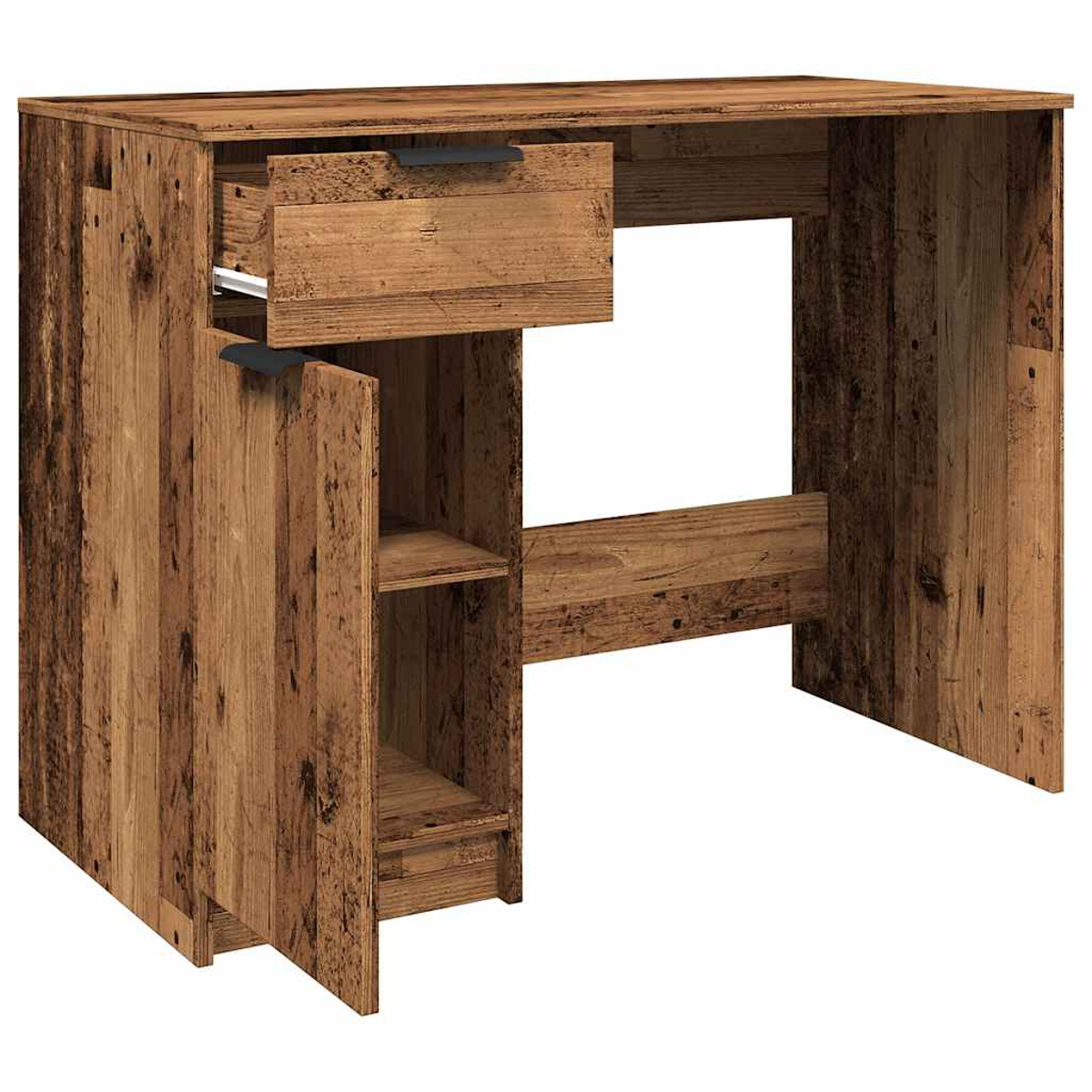 Ein Holzschreibtisch mit geöffneter Schublade. Der Schreibtisch besteht aus Holzbrettern. Er hat ein kleines Regal und einen Schrank.