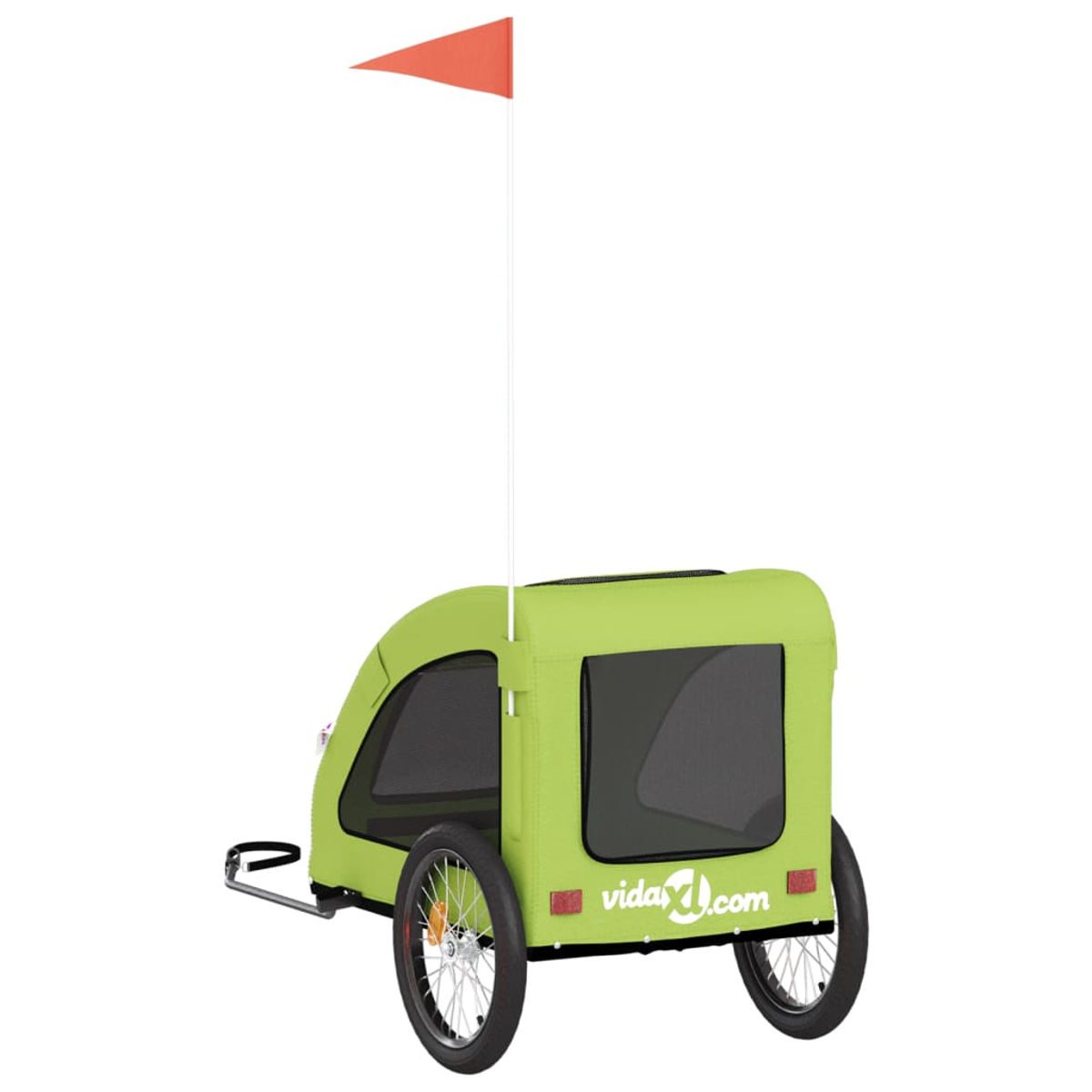 Ein limettengrüner Fahrradanhänger mit schwarzen Fenstern, zwei Rädern und einer orangefarbenen Flagge. Der Anhänger hat den Text 'vidaXL.com'.