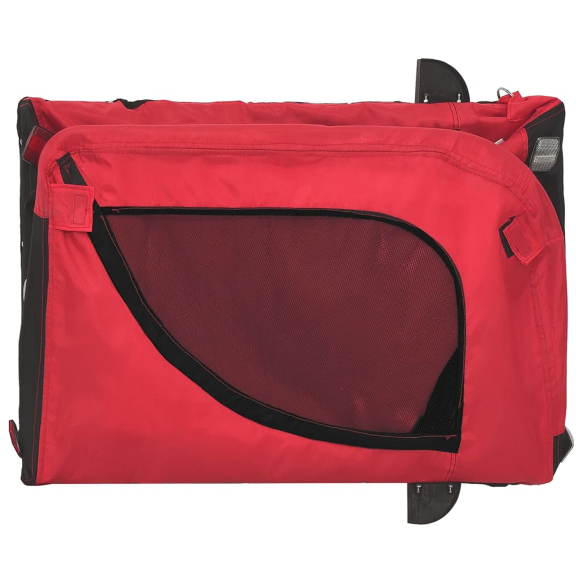 Roter Haustierbehälter mit einem Netzfenster. Schwarze Verkleidung und Akzente sind sichtbar. Es ist gefaltet und hat einen Griff und Verschlüsse.