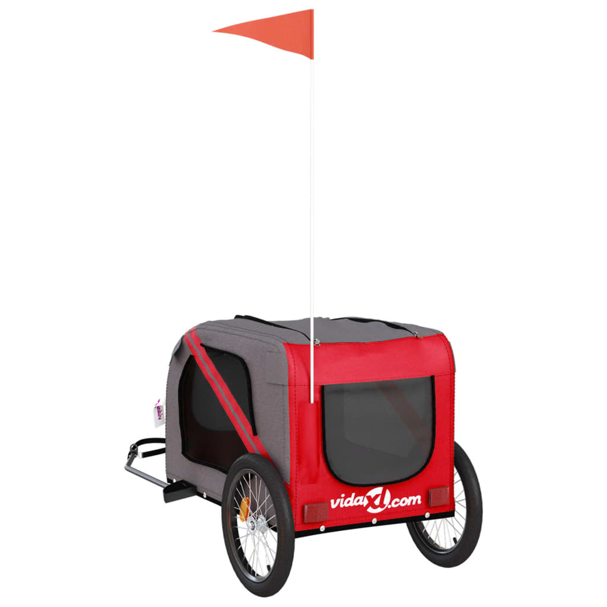 Ein roter und grauer Haustieranhänger mit einer kleinen orangefarbenen Flagge oben. Er hat zwei Räder und ein schwarzes Fenster. Der Anhänger hat ein 'vidaXL.com'-Logo.