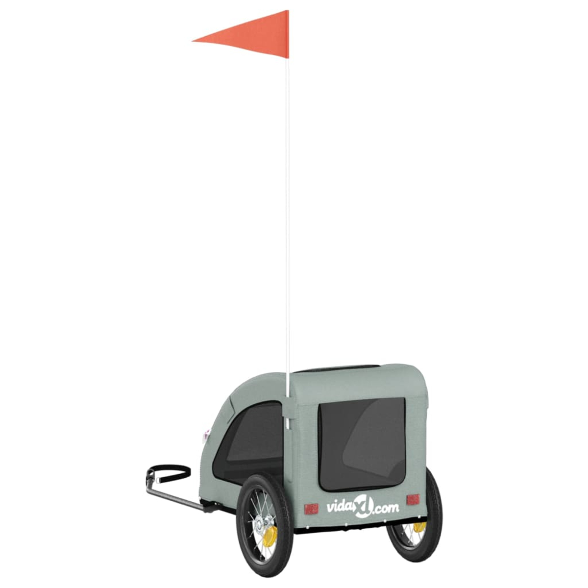 Ein grauer Fahrradanhänger mit zwei Rädern, schwarzen Reifen und einer orangefarbenen Fahne oben. Der Anhänger hat ein Fenster und die Website vida4.com.