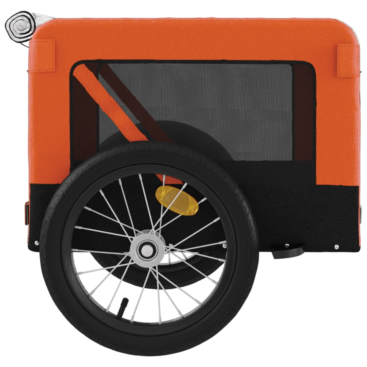 Ein orangefarbener und schwarzer Kinderfahrradanhänger. Er hat ein schwarzes Rad mit silbernen Speichen, ein Netzfenster und orangefarbenen Stoff.