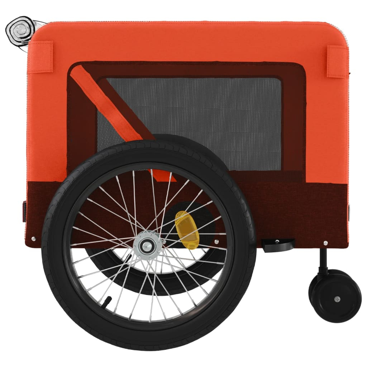 Ein orangefarbener und brauner Fahrradanhänger. Er hat ein großes schwarzes Rad, ein kleineres schwarzes Rad und ein Netzfenster.