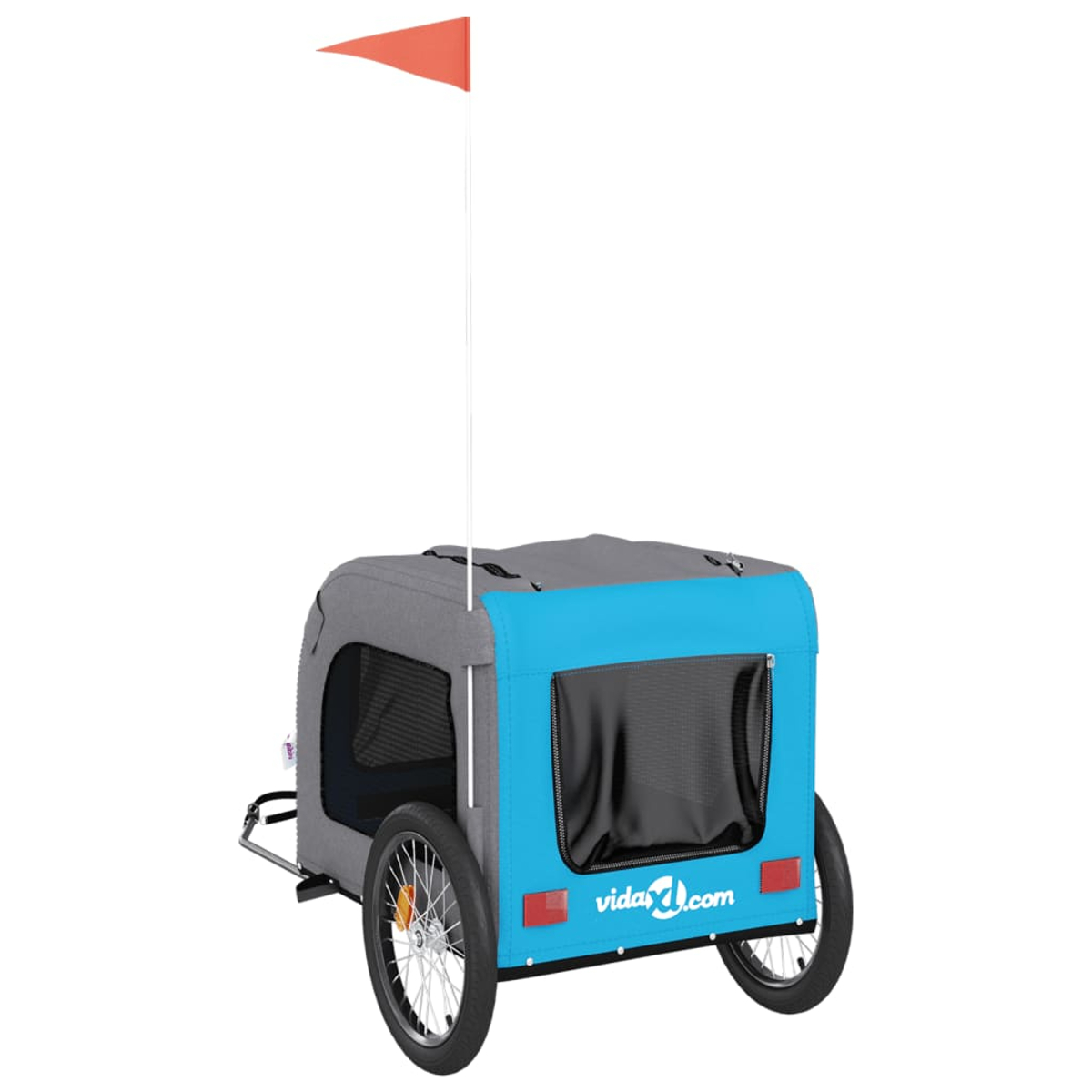 Ein blau-grauer Tieranhänger mit roter Flagge. Er hat zwei Räder, ein Mesh-Fenster und die Website vidas4u.com.