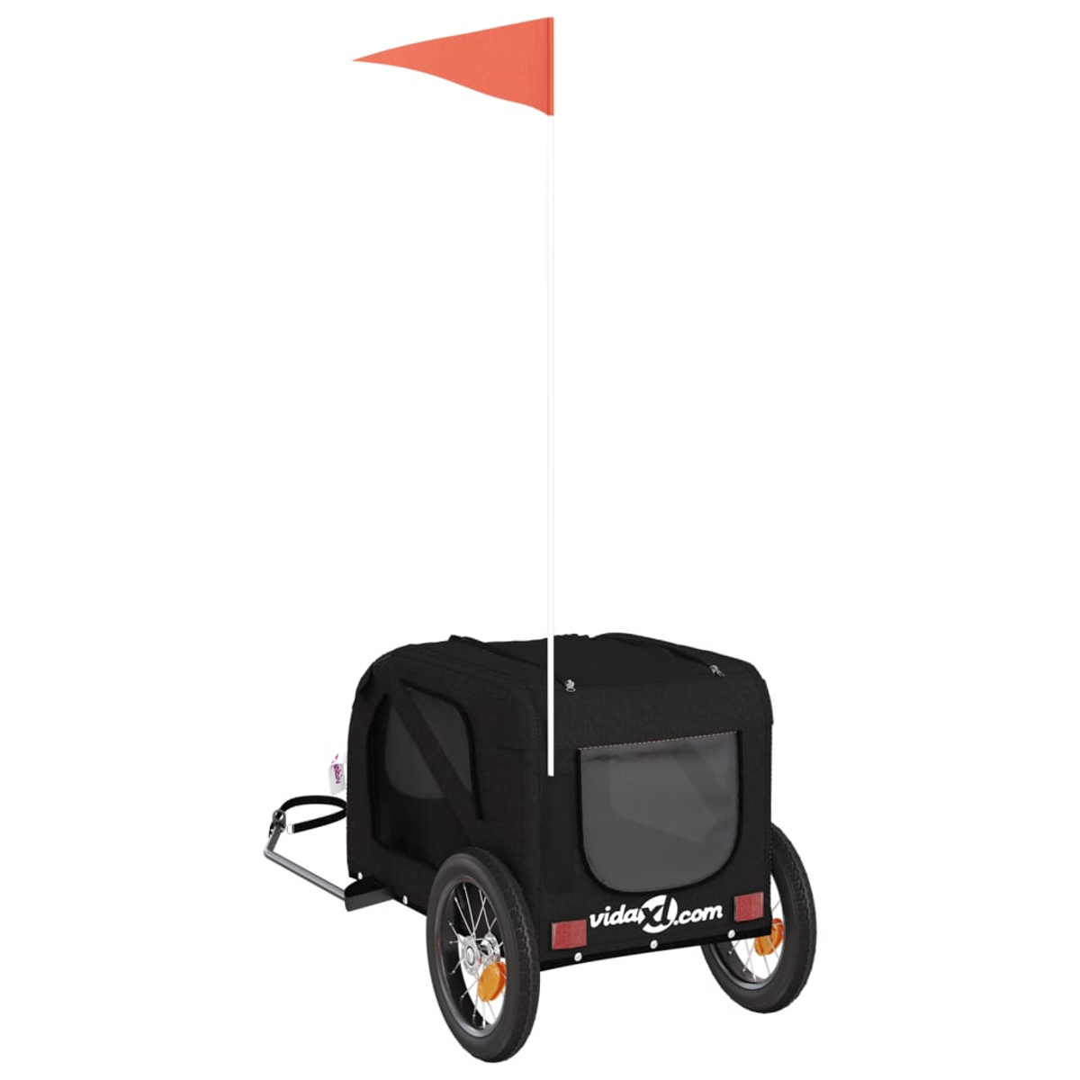 Schwarzer Tieranhänger mit orangefarbener Flagge. Er hat zwei Räder, ein Fenster und die Website vidas1.com auf der Seite.