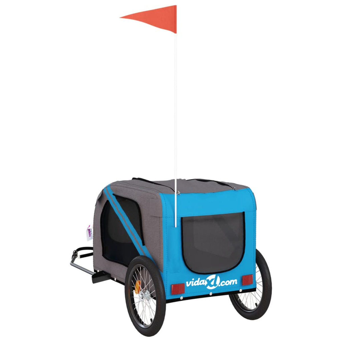 Ein blau-grauer Tieranhänger mit roter Fahne, schwarzen Rädern und vidaXL.com-Branding, für den Tiertransport.