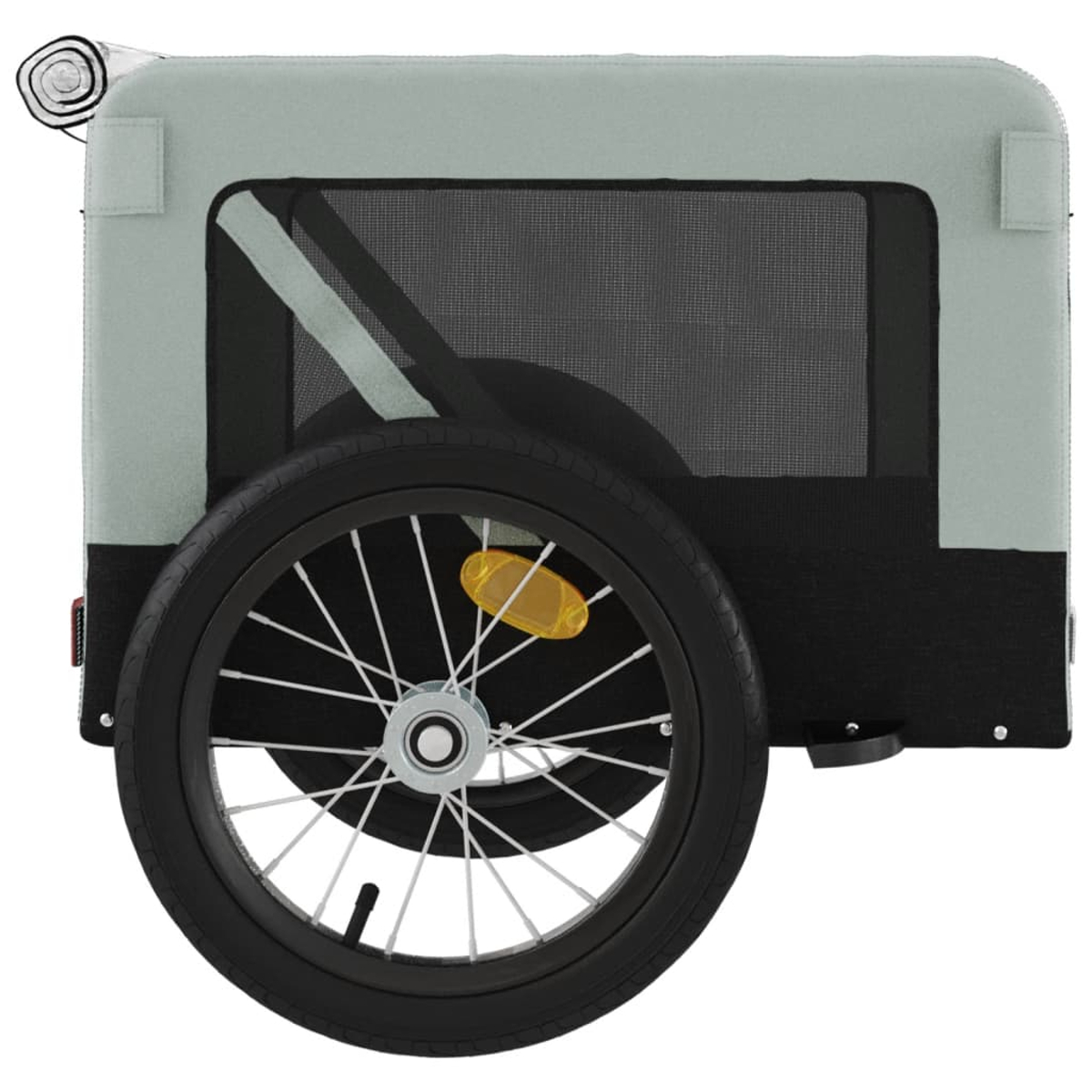Ein grau-schwarzer Fahrradanhänger mit großem schwarzen Rad und gelbem Reflektor. Er hat ein Netzfenster und eine Rollo-Abdeckung.