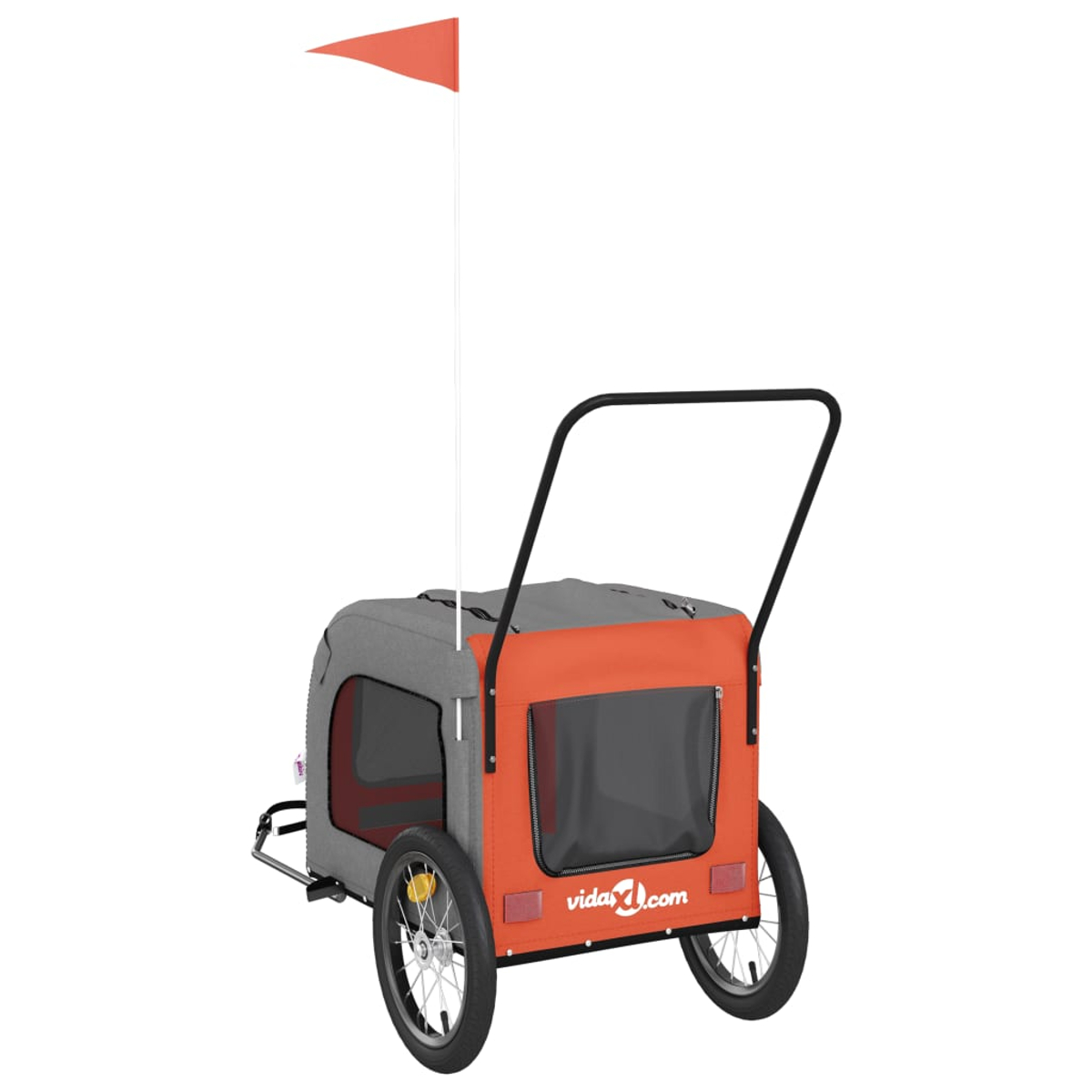 Ein orangefarbener und grauer Haustieranhänger mit schwarzem Griff, Rädern und einer Sicherheitsfahne. Der Anhänger hat Fenster und ein Website-Logo.