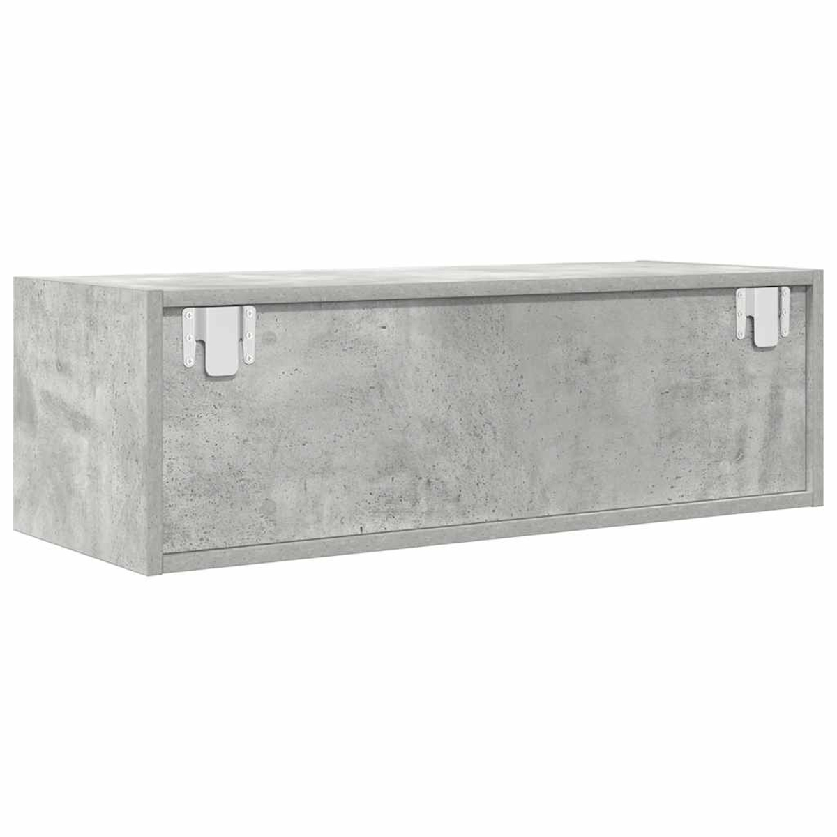 Ein rechteckiger Schrank aus Beton, mit weißen Metallscharnieren. Er hat eine gedämpfte graue Farbe und ein schlichtes, modernes Design.
