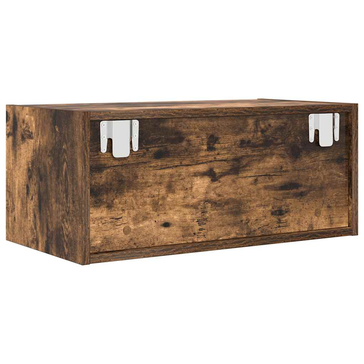 Ein brauner Holzschrank mit zwei Metallhalterungen an der Vorderseite. Das Holz hat eine Used-Optik.