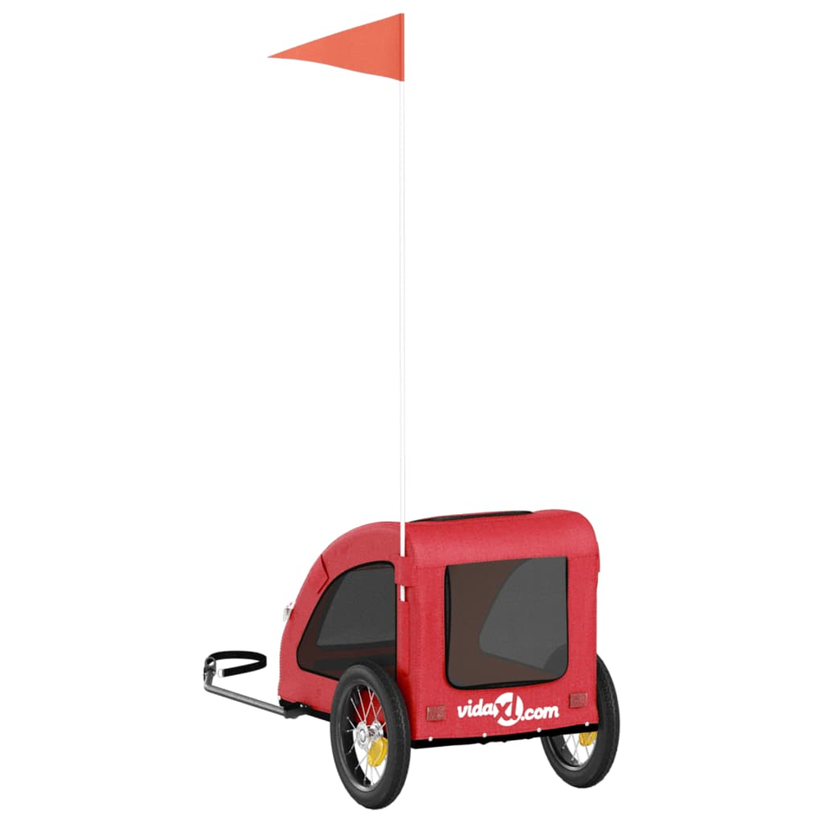 Ein roter Fahrradanhänger mit zwei Rädern, einem Fenster und einer Flagge. Die Flagge ist orange und der Anhänger hat eine Website.