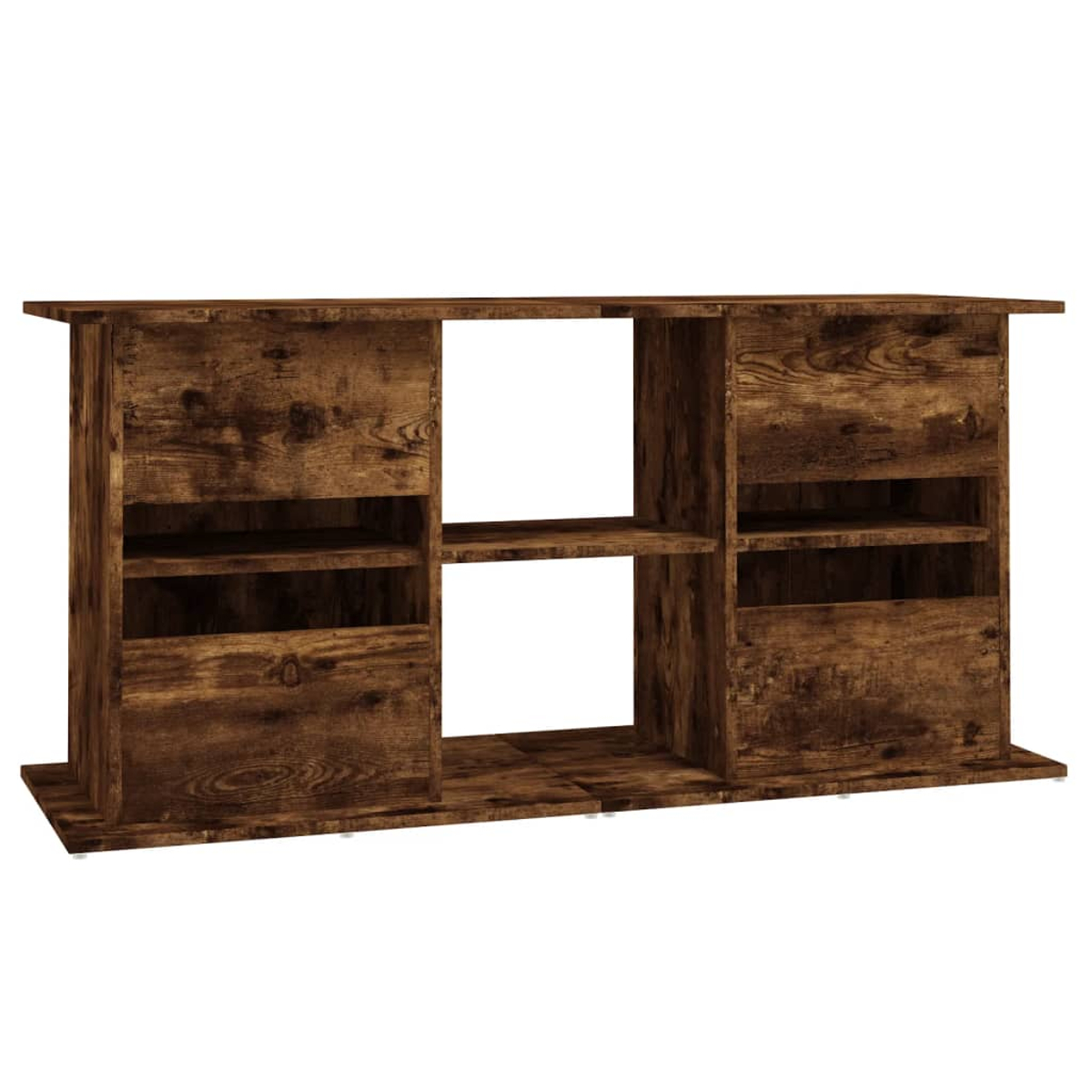 Ein Medienmöbel aus Holz mit Regalen und Fächern. Es hat eine dunkelbraune Oberfläche und steht vor weißem Hintergrund.