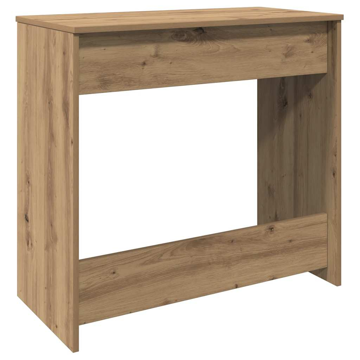 Ein Holztisch mit hellbraunem Finish. Er hat eine rechteckige Oberseite und eine rechteckige Öffnung darunter.