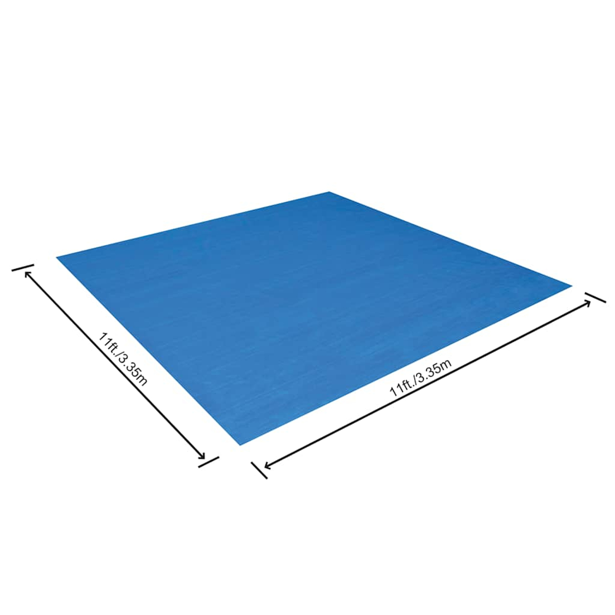 Eine blaue rechteckige Plane wird angezeigt. Schwarze Pfeile zeigen Abmessungen von 11 Fuß/3,35 m an. Der Hintergrund ist weiß.