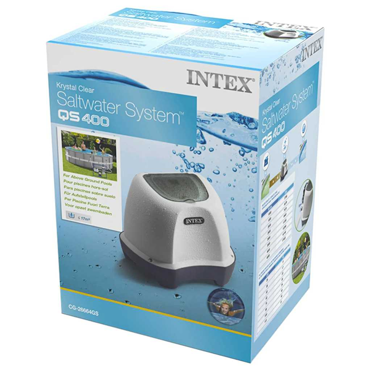 Karton mit Intex Krystal Clear Salzwassersystem QS 400. Die Box zeigt einen Pool, das System und das Intex-Logo.