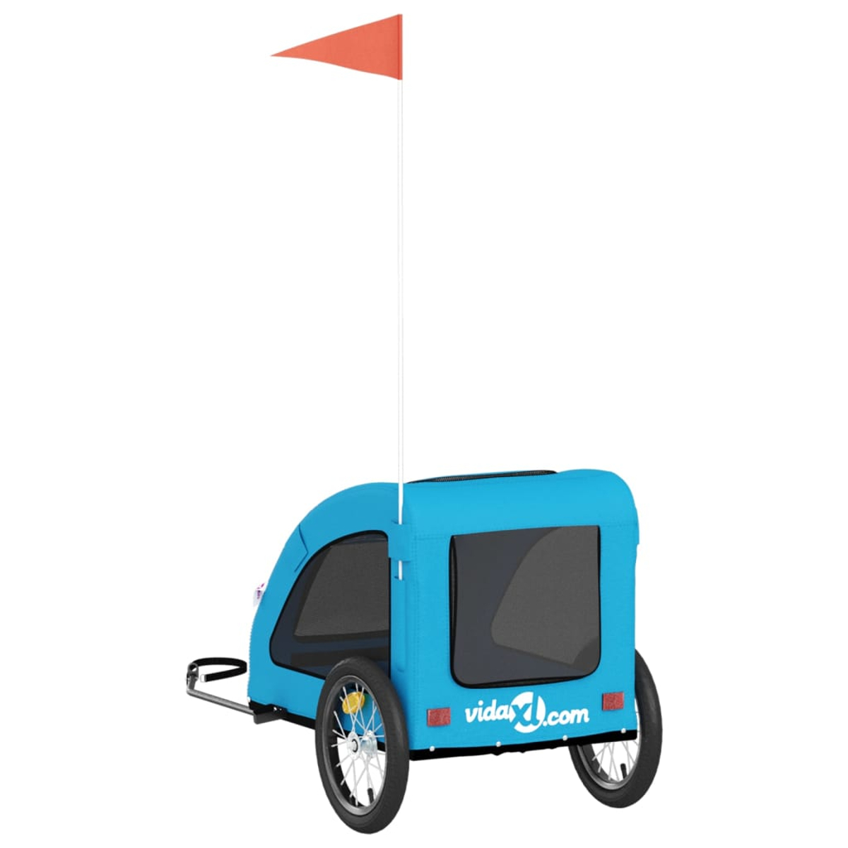 Ein blauer Kinderfahrradanhänger mit roter Flagge. Er hat zwei Räder und ein Fenster. Der Anhänger hat das vidaXL-Logo.