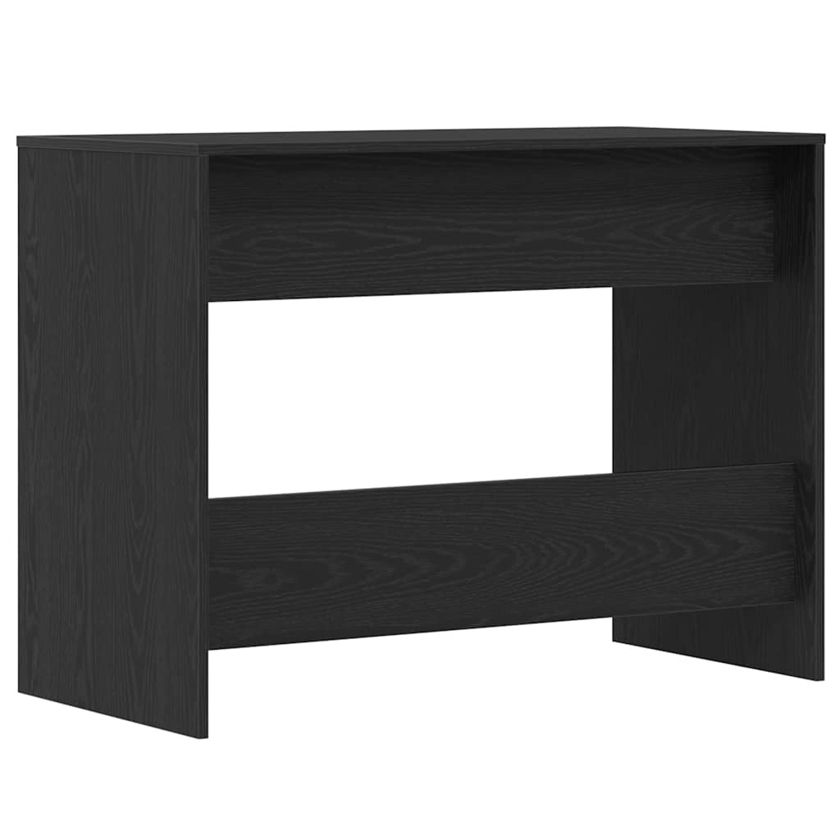 Ein schwarzer Holzschreibtisch mit zwei offenen Bereichen. Der Schreibtisch hat ein einfaches Design mit geraden Linien und sichtbarer Holzmaserung.