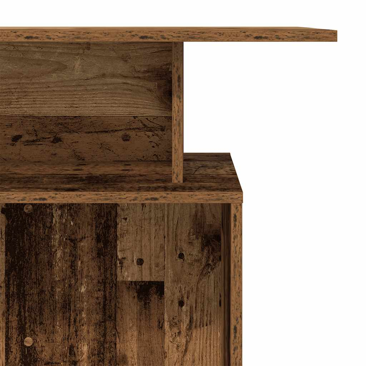 Nahaufnahme eines Holzschranks mit verschiedenen Texturen und Mustern. Das Holz hat eine dunkelbraune Farbe.