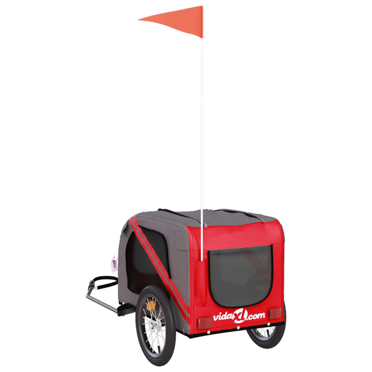 Ein roter und grauer Haustieranhänger mit einer Flagge. Er hat ein Fenster und Räder. Die Flagge ist orange.