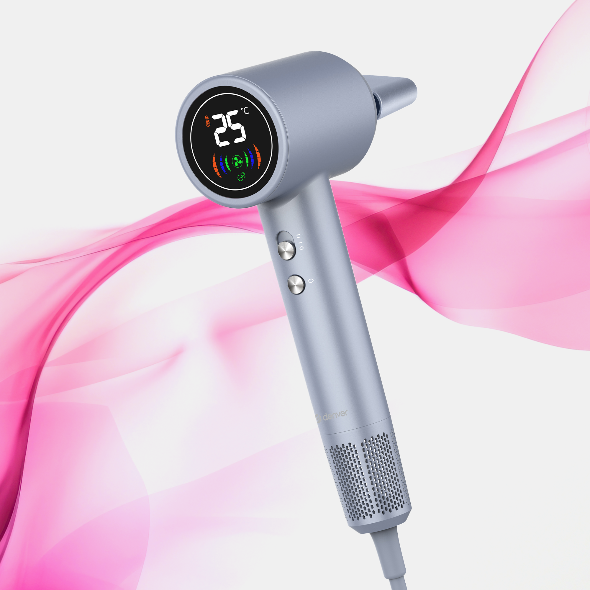 Srebrna suszarka do włosów z cyfrowym wyświetlaczem pokazującym 25 stopni. Różowe abstrakcyjne tło.