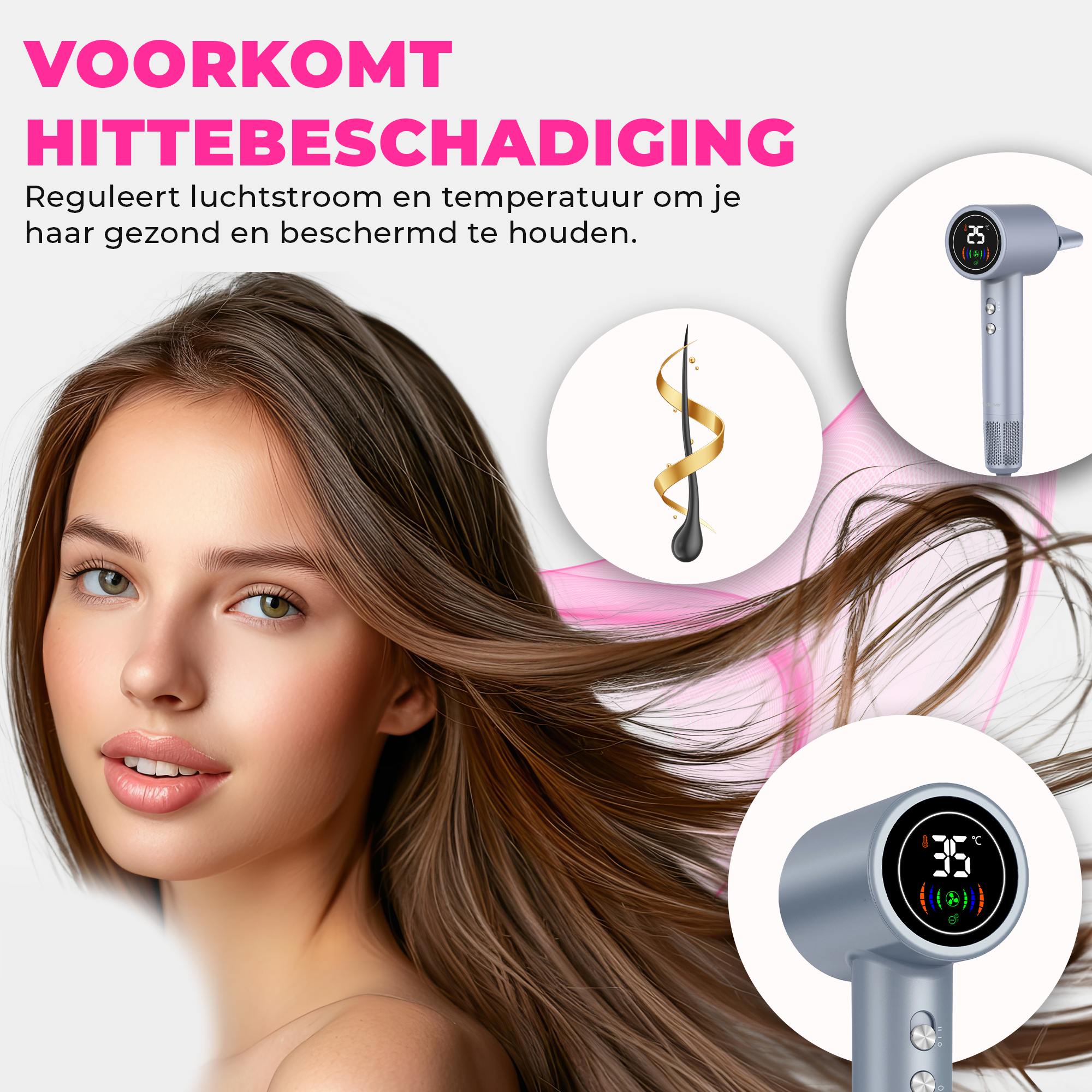 Kobieta z długimi, brązowymi włosami. Grafika suszarki do włosów w tle. Tekst mówi: Zapobiega uszkodzeniom cieplnym.