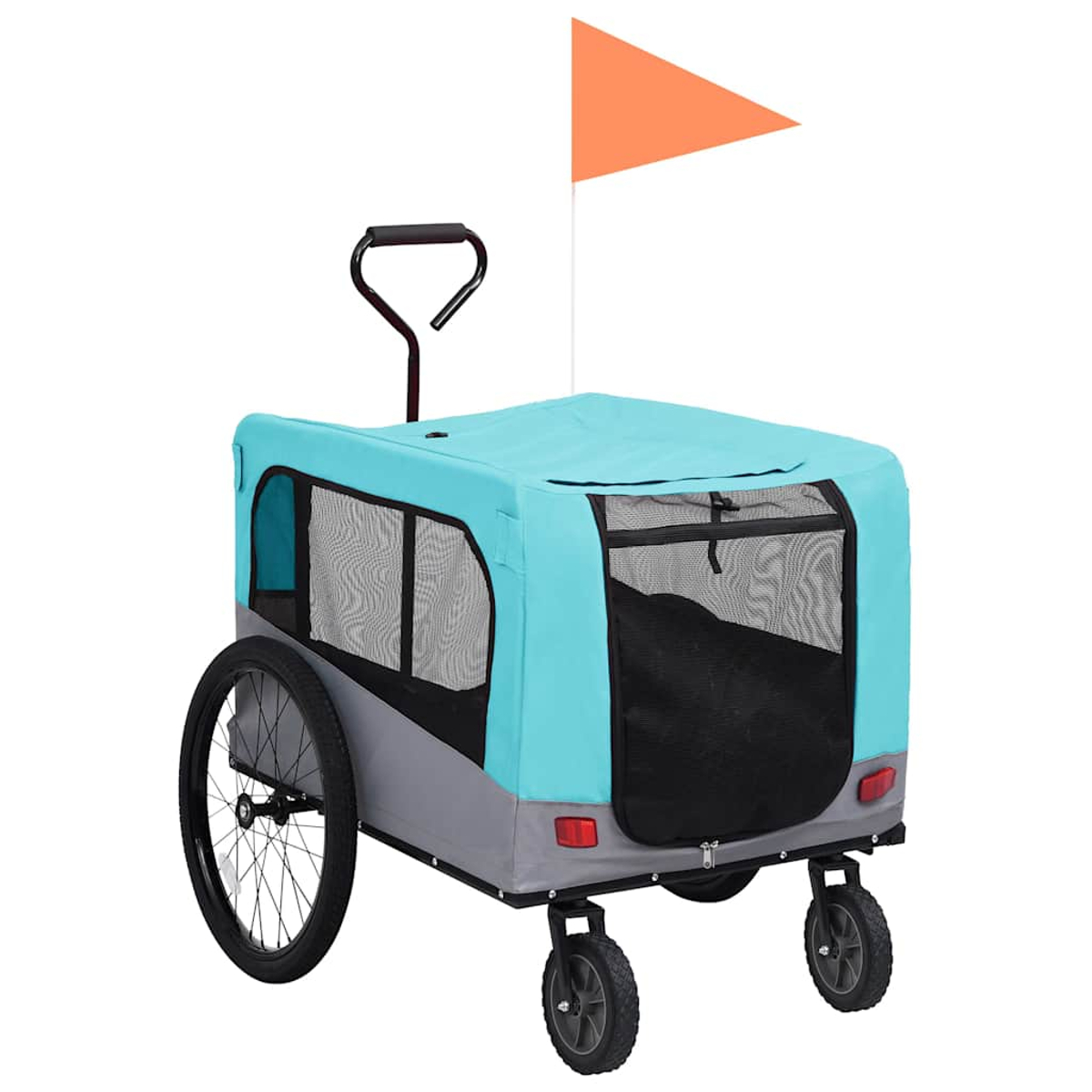 Ein teal- und grauer Haustieranhänger mit Mesh-Fenstern, schwarzen Rädern und einer orangefarbenen Flagge oben.
