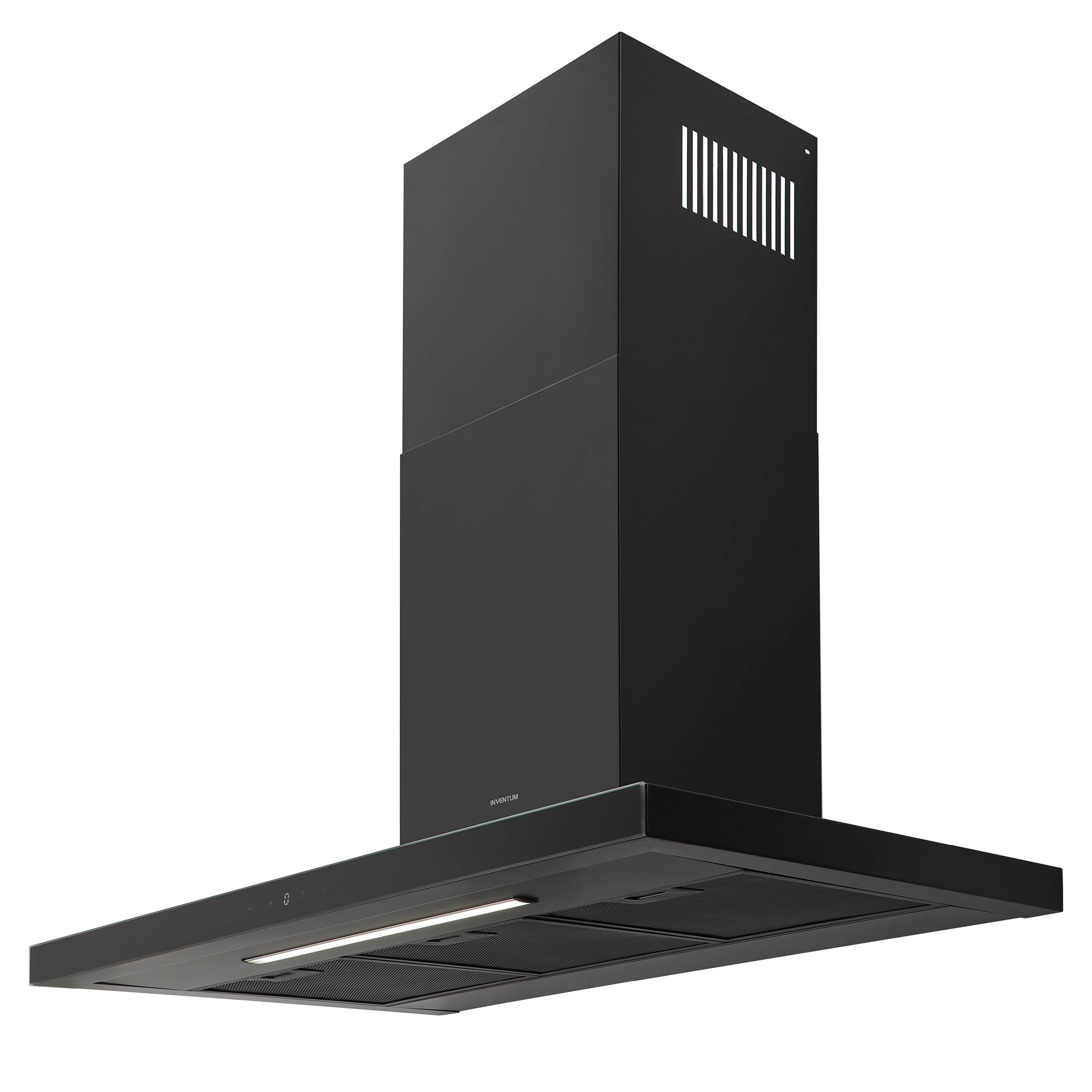 A black kitchen range hood with a rectangular design, featuring a light and control panel on the underside.