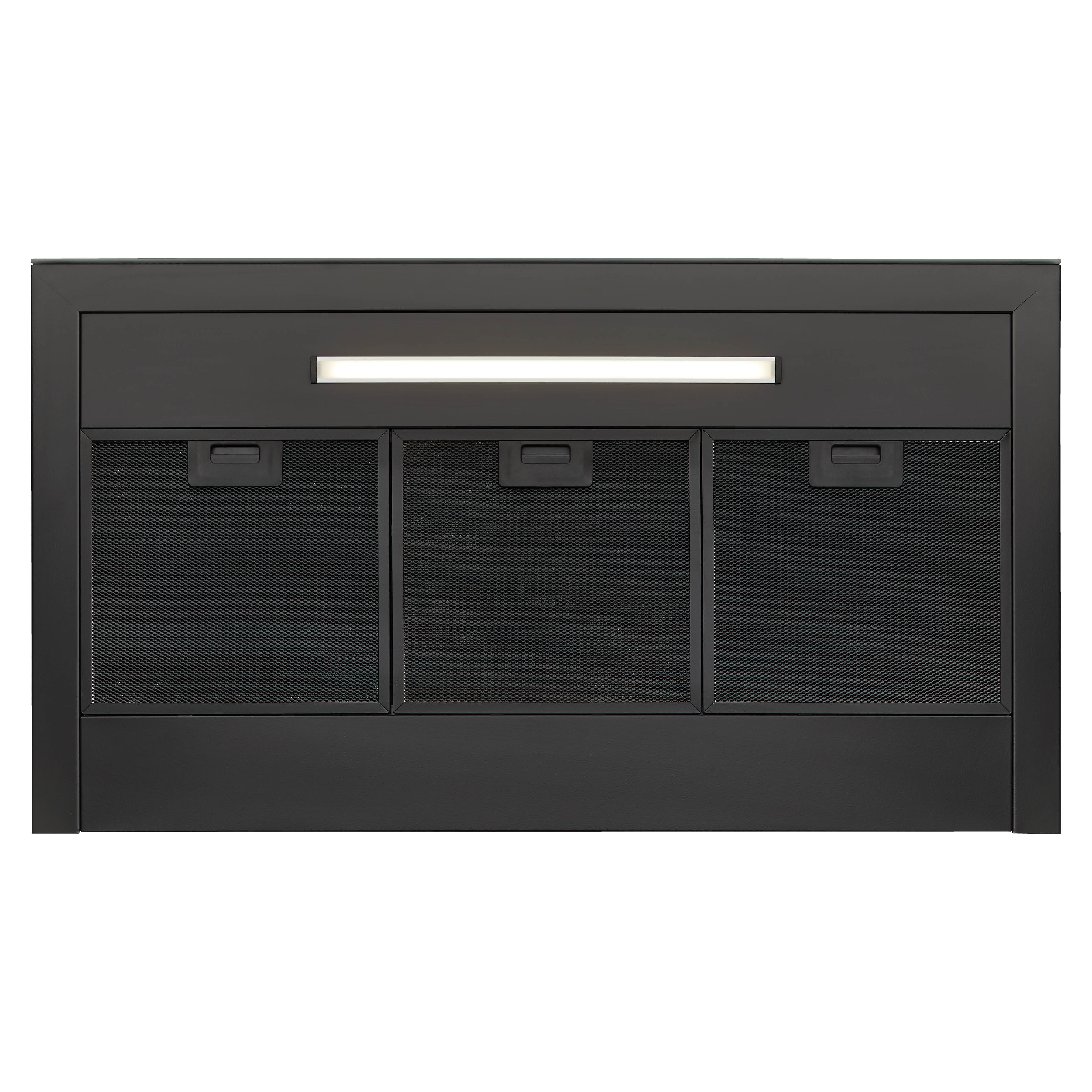 A black range hood with three mesh filters and a rectangular light above. It's against a white backdrop.