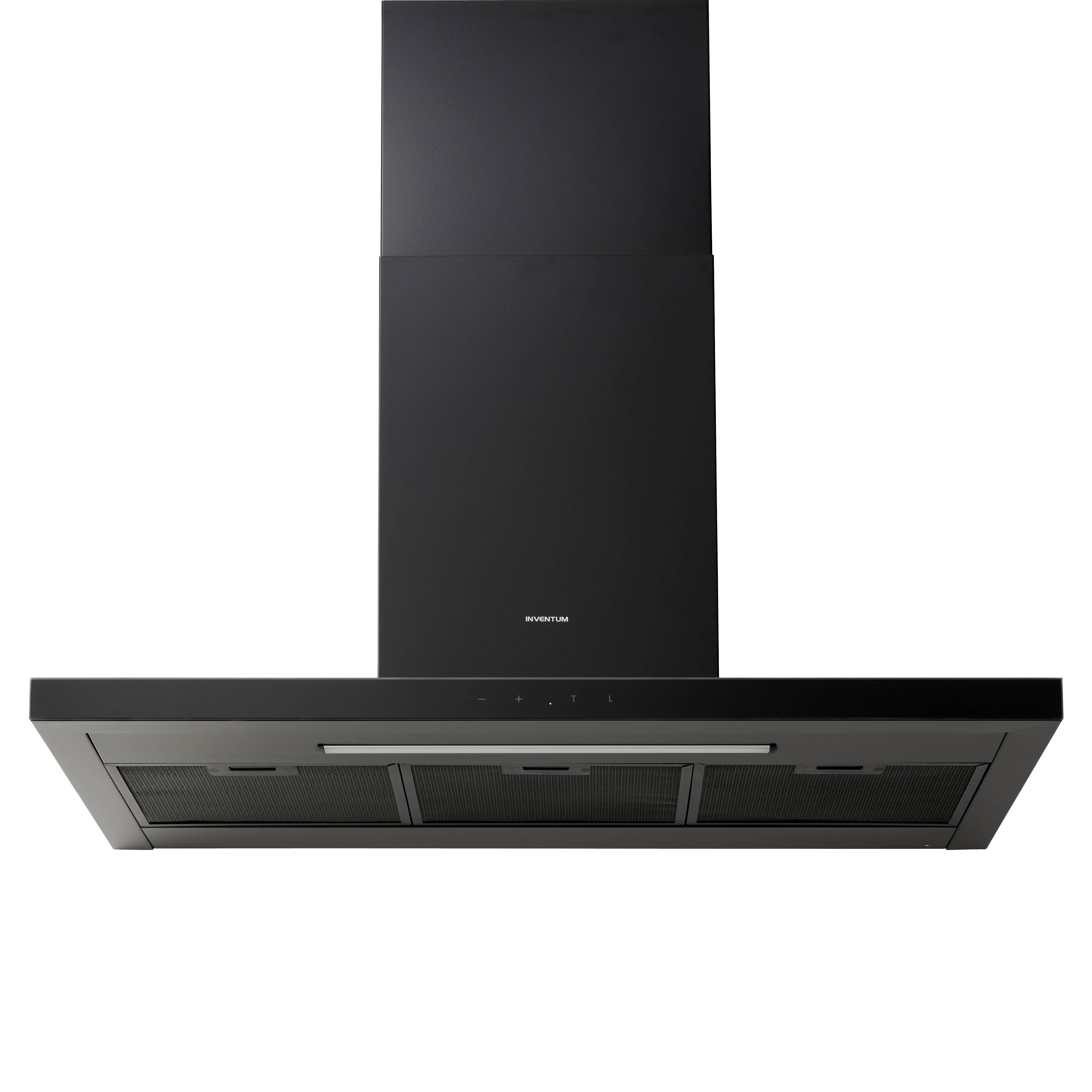 A black range hood with buttons and filters against a white background. The brand name is InVentum.