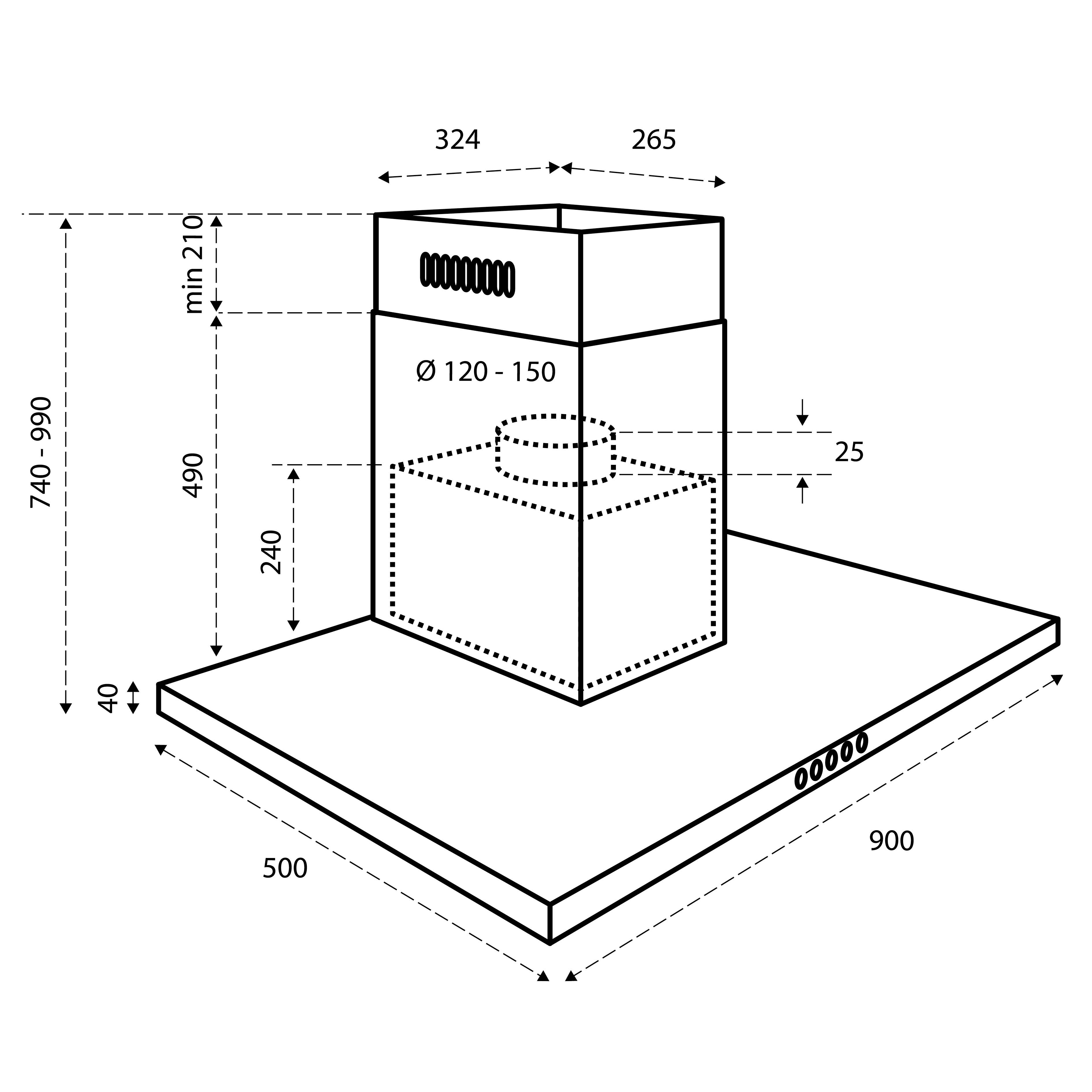 Technical drawing of a kitchen hood. It includes dimensions, labeled parts, and a top view with measurements in mm.