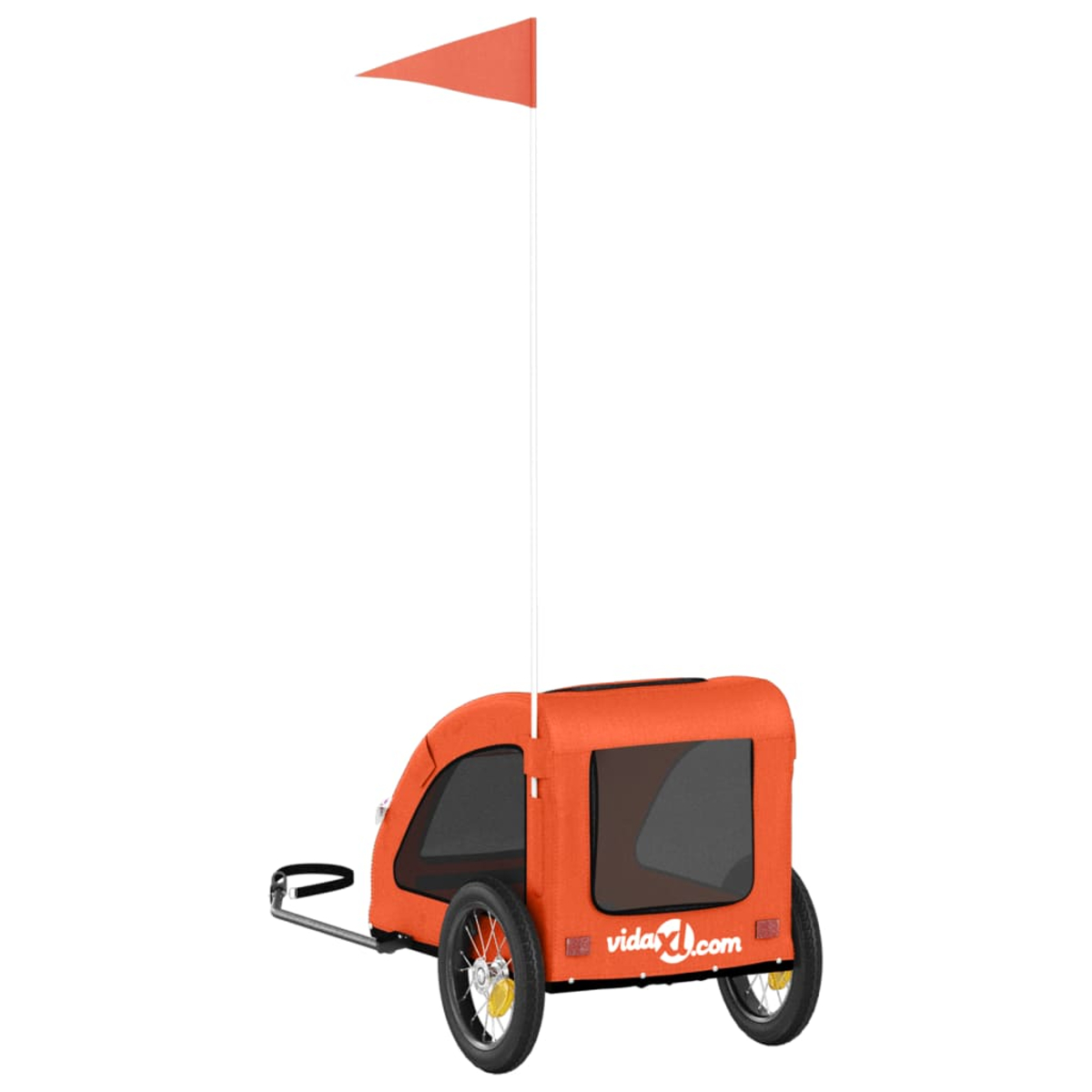 Ein orangefarbener Fahrradanhänger mit zwei Rädern und einer Fahne. Er hat ein schwarzes Fenster und den Markennamen vidaXL.com.