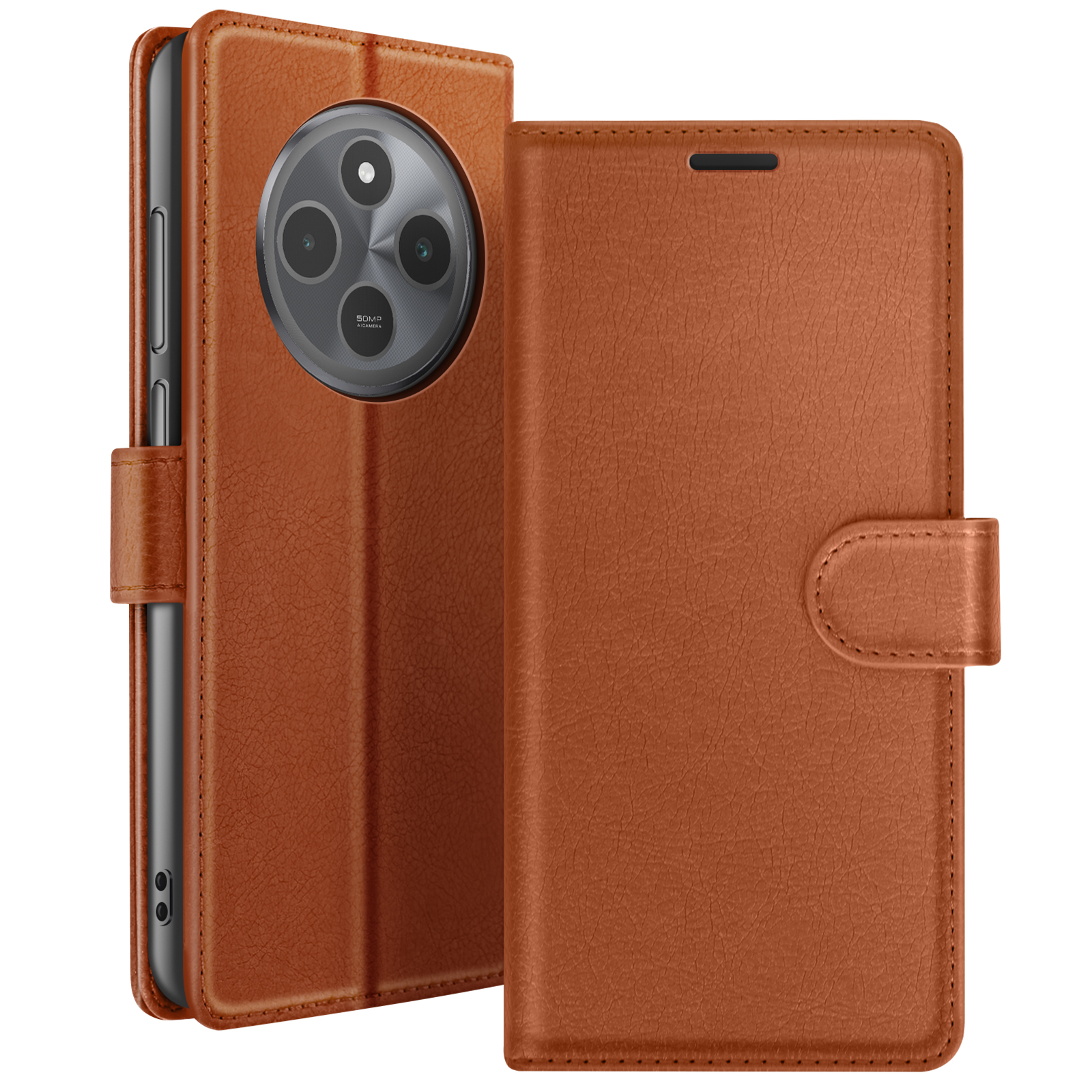 Un étui de téléphone en cuir marron, ouvert et montrant le téléphone. La caméra est visible à l'arrière.