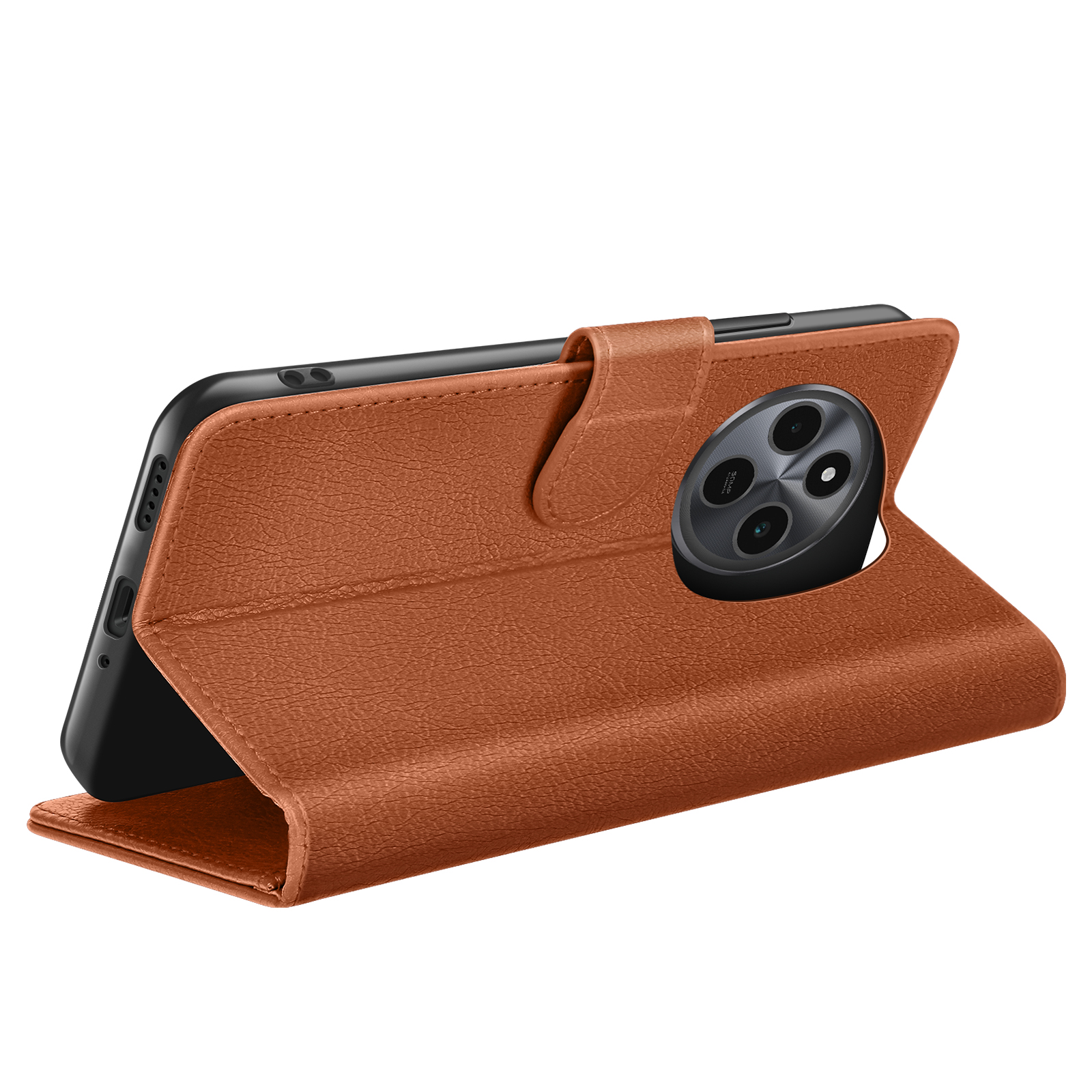 Un étui de téléphone en cuir marron, ouvert, contient un smartphone noir. L'étui a une surface texturée et une fermeture magnétique.