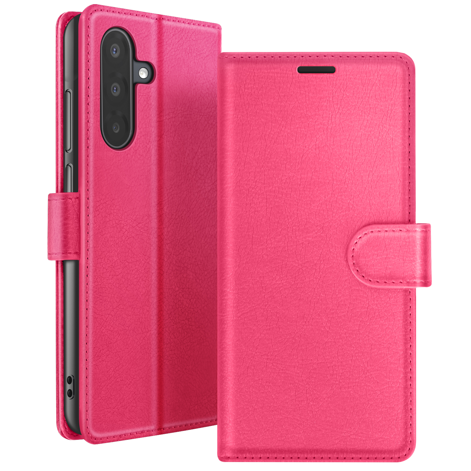 Een roze telefoonhoesje met een telefoon erin is open. De hoes heeft een sluiting. De achtergrond is wit.