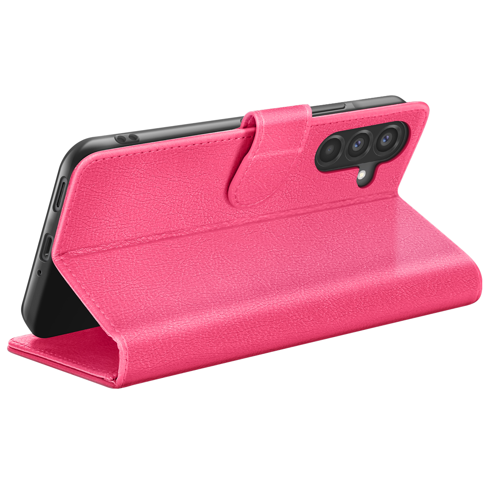 Een roze telefoonhoesje is open en toont een zwarte telefoon. De hoes heeft een getextureerd oppervlak met een magnetische sluiting.