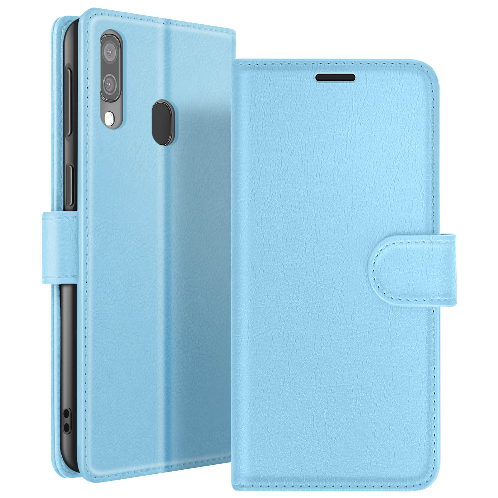 Un étui de téléphone bleu clair est ouvert, montrant le téléphone à l'intérieur. L'étui a une fermeture magnétique et une surface texturée.