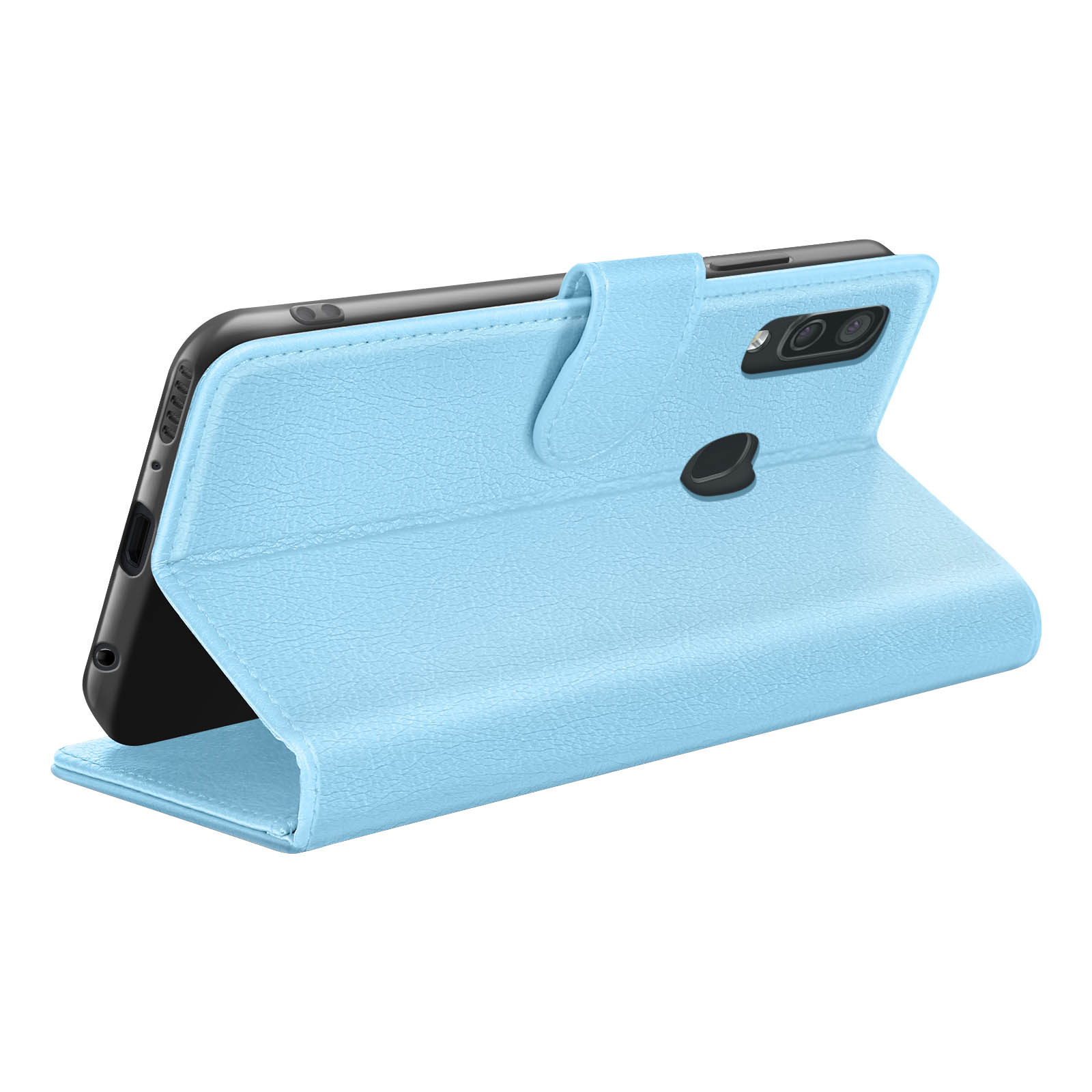 Un étui de téléphone bleu clair, ouvert, avec un téléphone noir à l'intérieur. L'étui est texturé avec une fermeture magnétique.