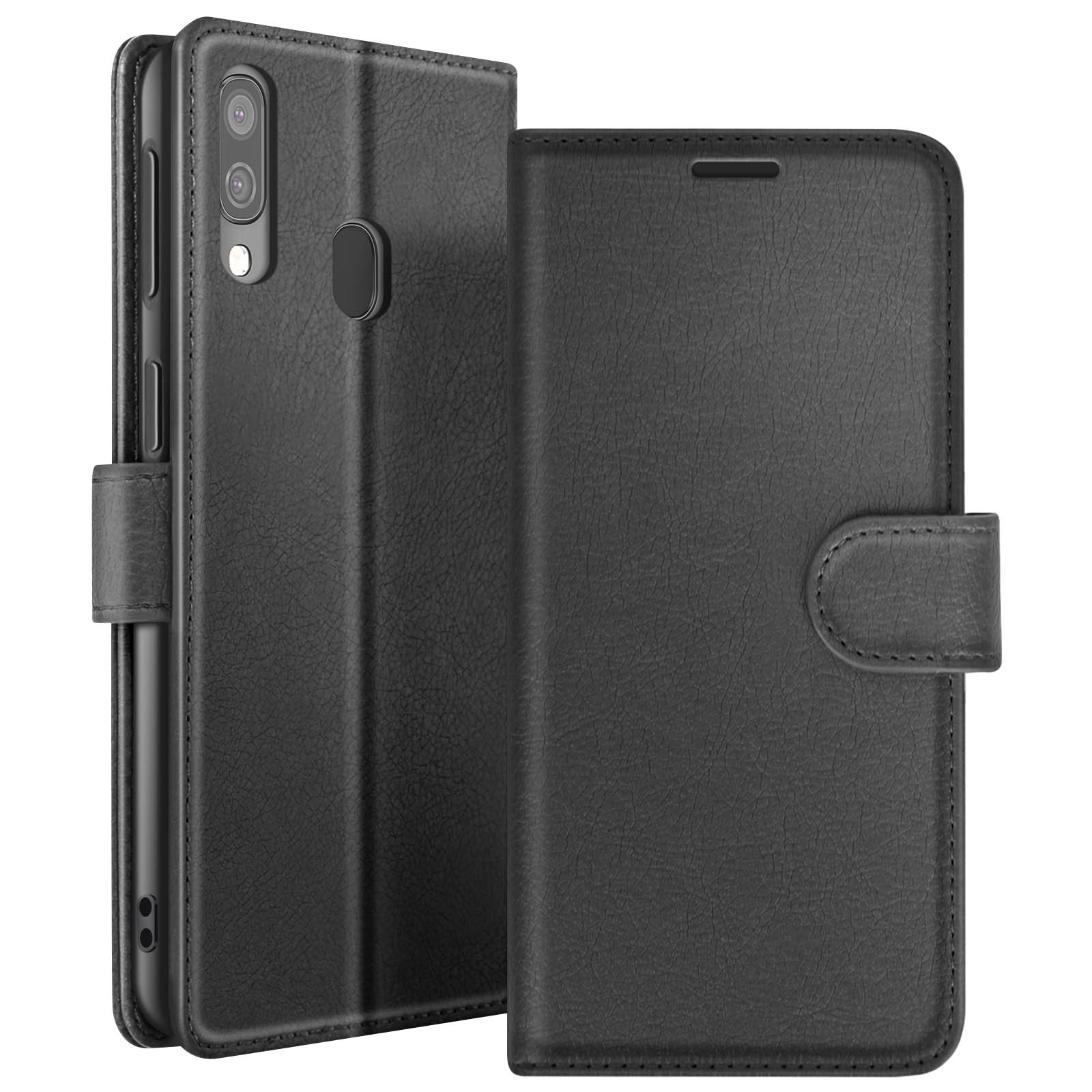 Étui de téléphone en cuir noir, ouvert. L'avant a un rabat et un bouton. Téléphone avec caméra visible à gauche.