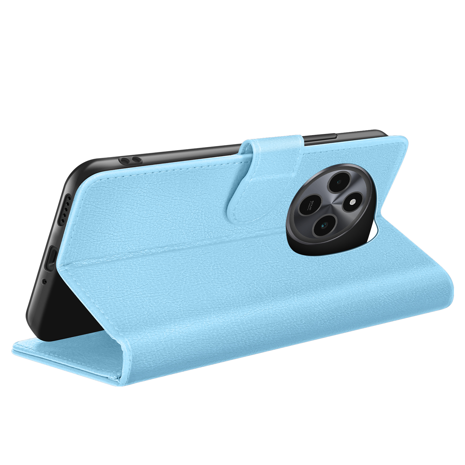Een telefoon in een lichtblauwe leren hoes. De hoes is open en toont de camera van de telefoon. De achtergrond is wit.