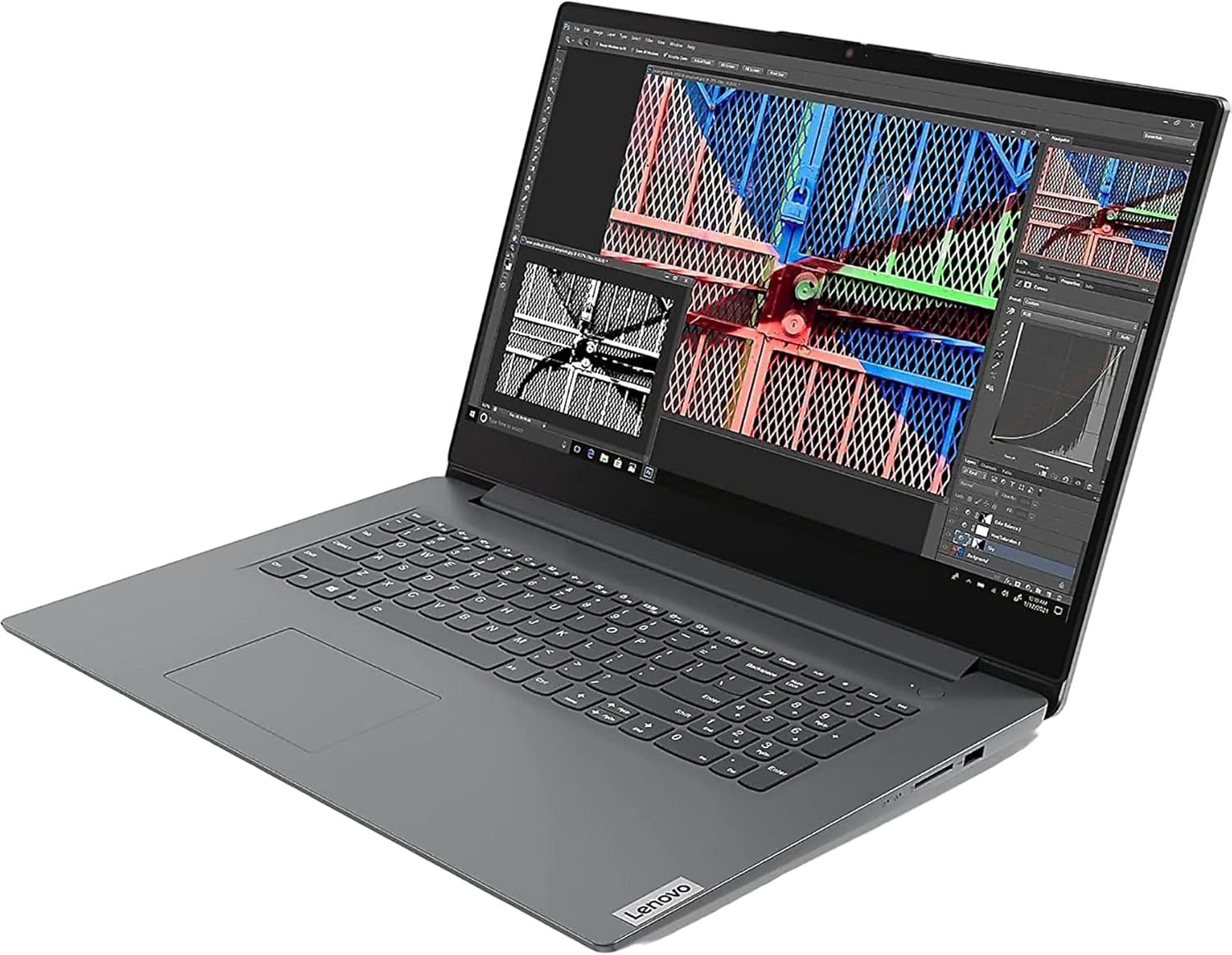 Ein Lenovo-Laptop zeigt ein farbenfrohes Bild auf seinem Bildschirm. Die Tastatur ist sichtbar, mit dem Lenovo-Logo unten. Der Hintergrund ist weiß.