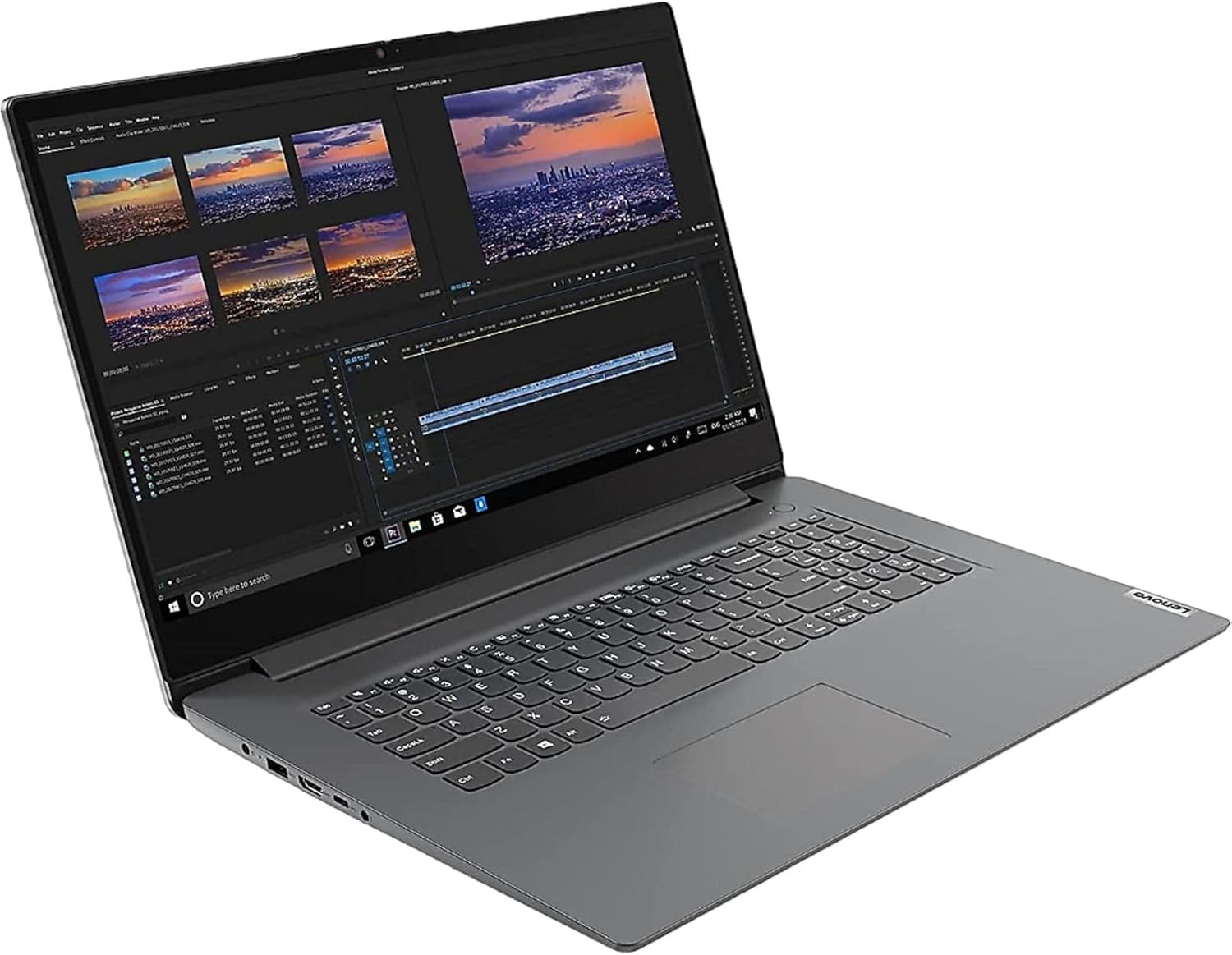 Ein grauer Lenovo-Laptop zeigt eine Videoschnitt-Oberfläche. Die Tastatur ist sichtbar, und der Bildschirm zeigt eine Stadtlandschaft.