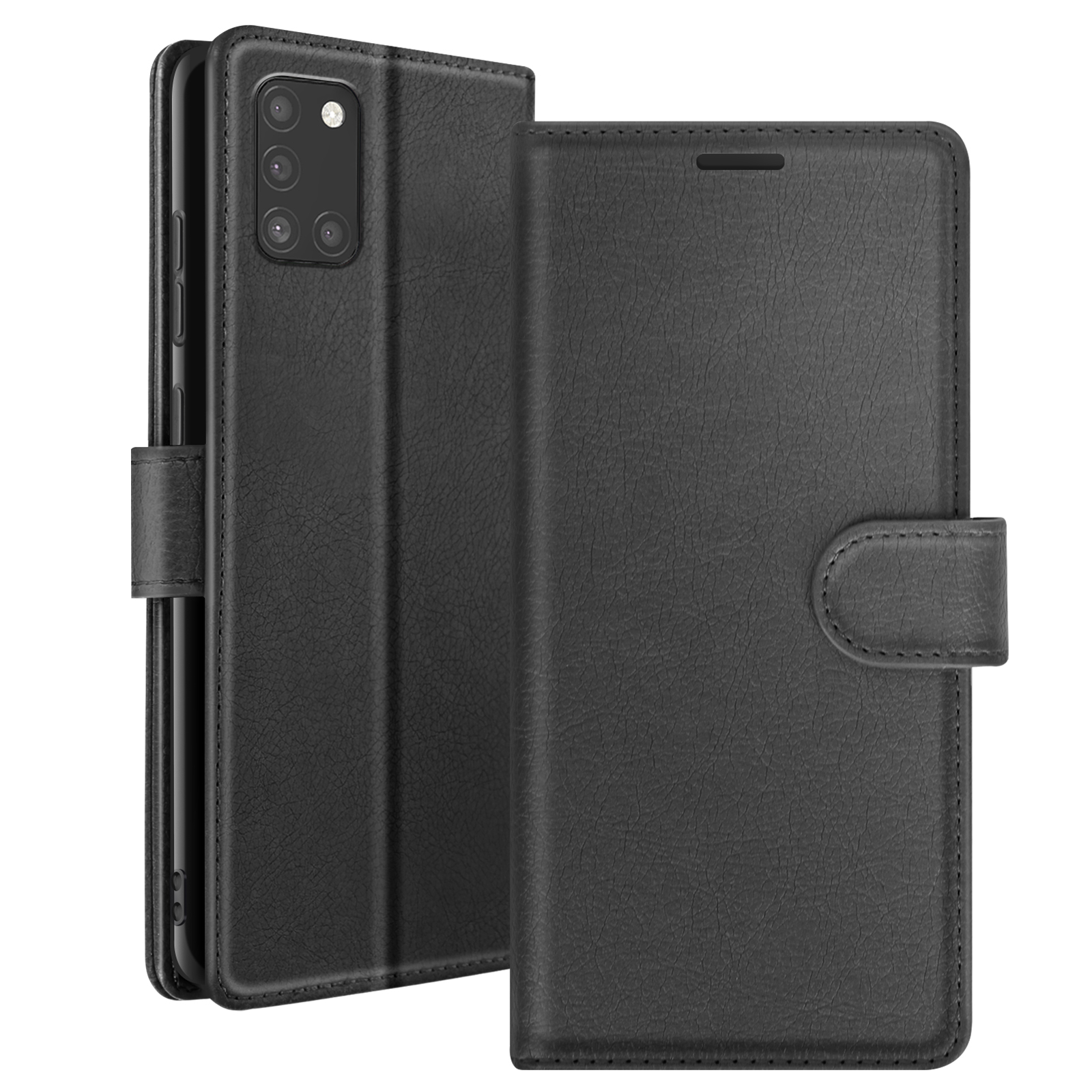 Étui de téléphone noir avec aspect cuir texturé. Il a un rabat avant, un support et une fermeture magnétique.