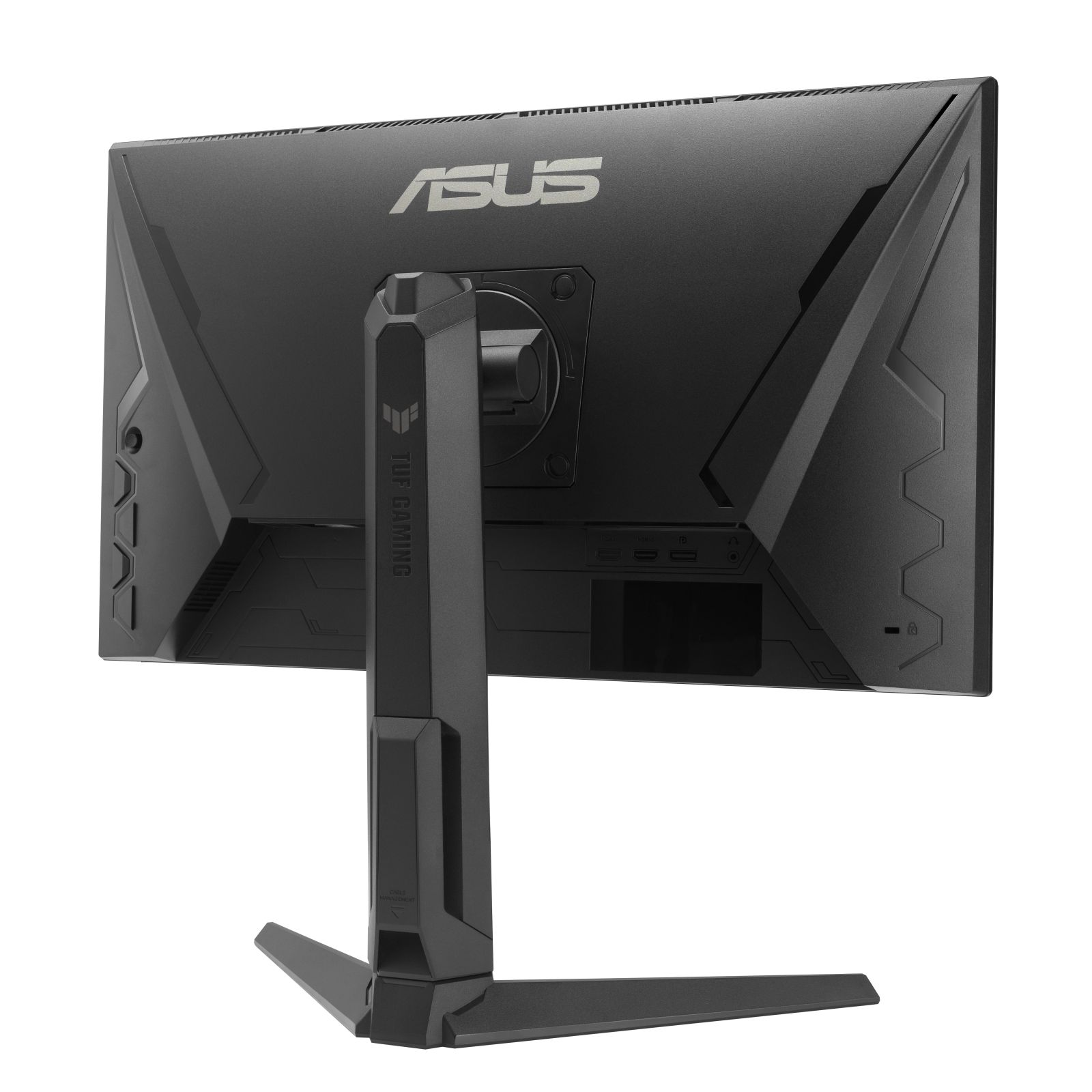 Widok z tyłu czarnego monitora ASUS TUF Gaming. Widoczny jest stojak i ramka. Logo ASUS znajduje się na górze pośrodku.