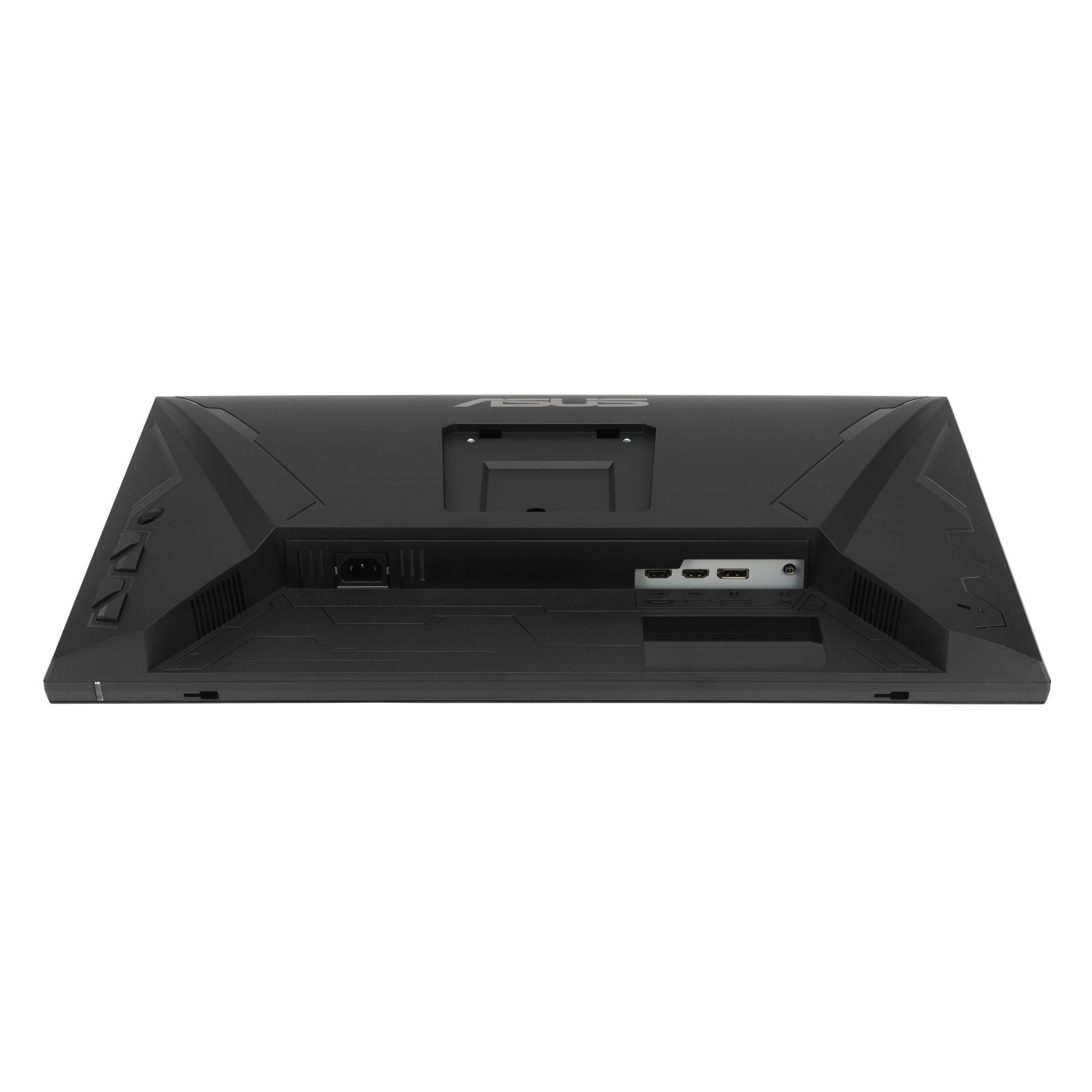 Widok z tyłu czarnego monitora. Posiada porty zasilania, HDMI i inne połączenia, z logo ASUS u góry.