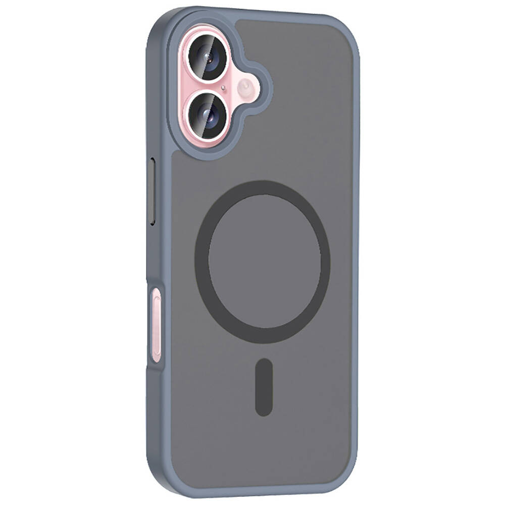 Bir akıllı telefon kılıfı gösteriliyor. Gri bir arka yüzü, pembe bir kamera alanı ve mavi bir çerçevesi var. Arkasında bir daire ve bir çizgi var.