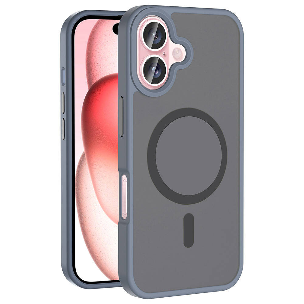 Gri ve mavi bir kılıf içinde bir telefon. Kılıfın manyetik bir dairesi ve bir eksi işareti var. Ekran pembe ve kırmızı bir görüntü gösteriyor.
