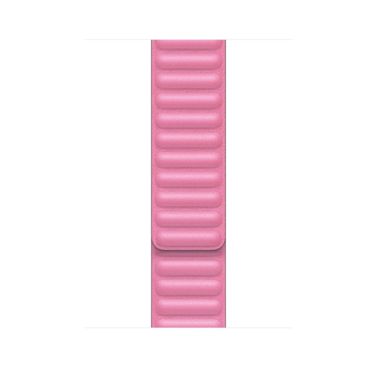 Cinturino in pelle rosa per Apple Watch. Ha una chiusura magnetica e una superficie strutturata. Lo sfondo è bianco.