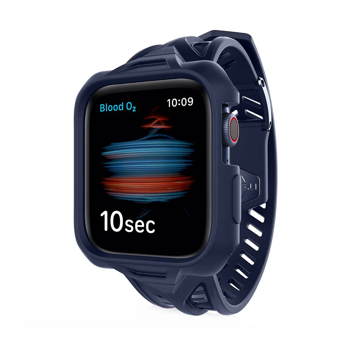 Smartwatch blu scuro che mostra il livello di ossigeno nel sangue e l'ora. Lo schermo mostra i dati in blu e rosso. L'orologio è su sfondo bianco.