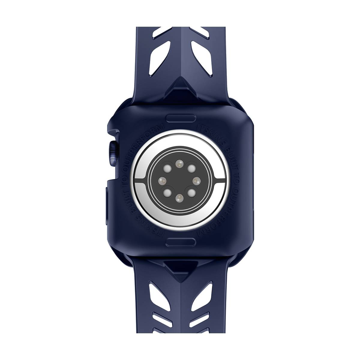 Retro di smartwatch blu scuro, con area sensore circolare. Il cinturino ha ritagli. Testo: ITSKINS BUILT TO OUTPERFORM.