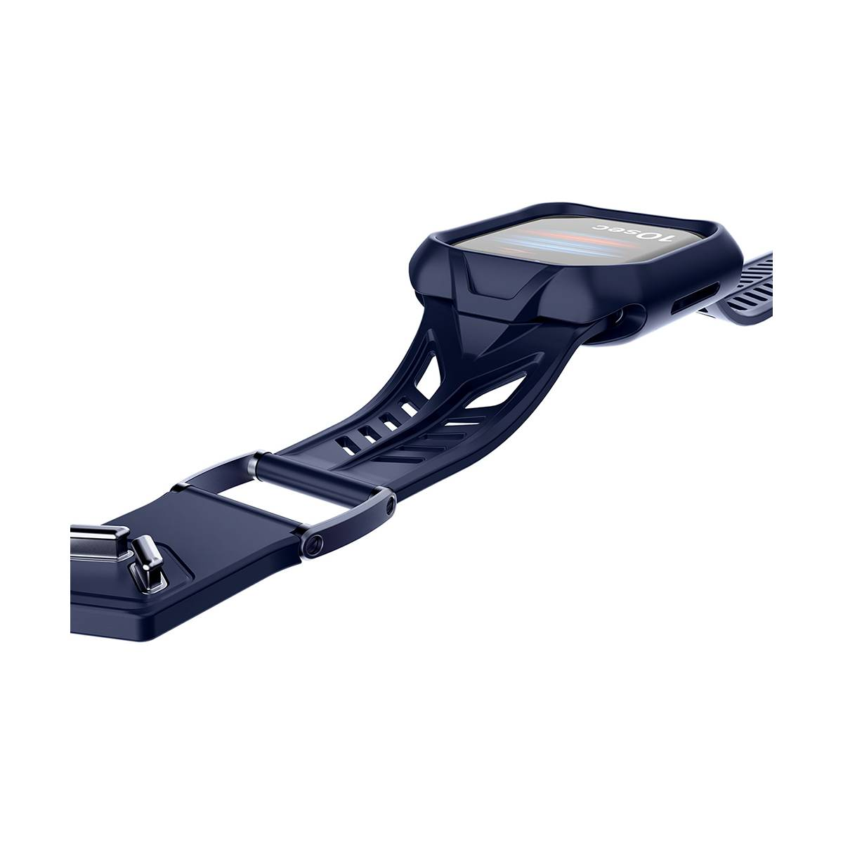 Uno smartwatch blu scuro con cinturino abbinato. Il quadrante mostra testo. Il cinturino ha una chiusura metallica.
